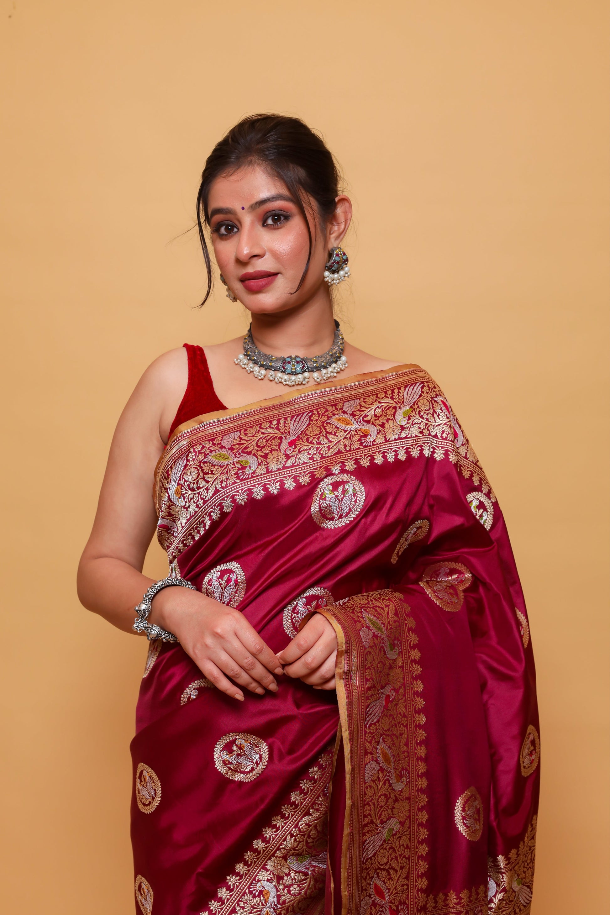 Maroon Katan Pure Silk Kadwa Saree - Panaya