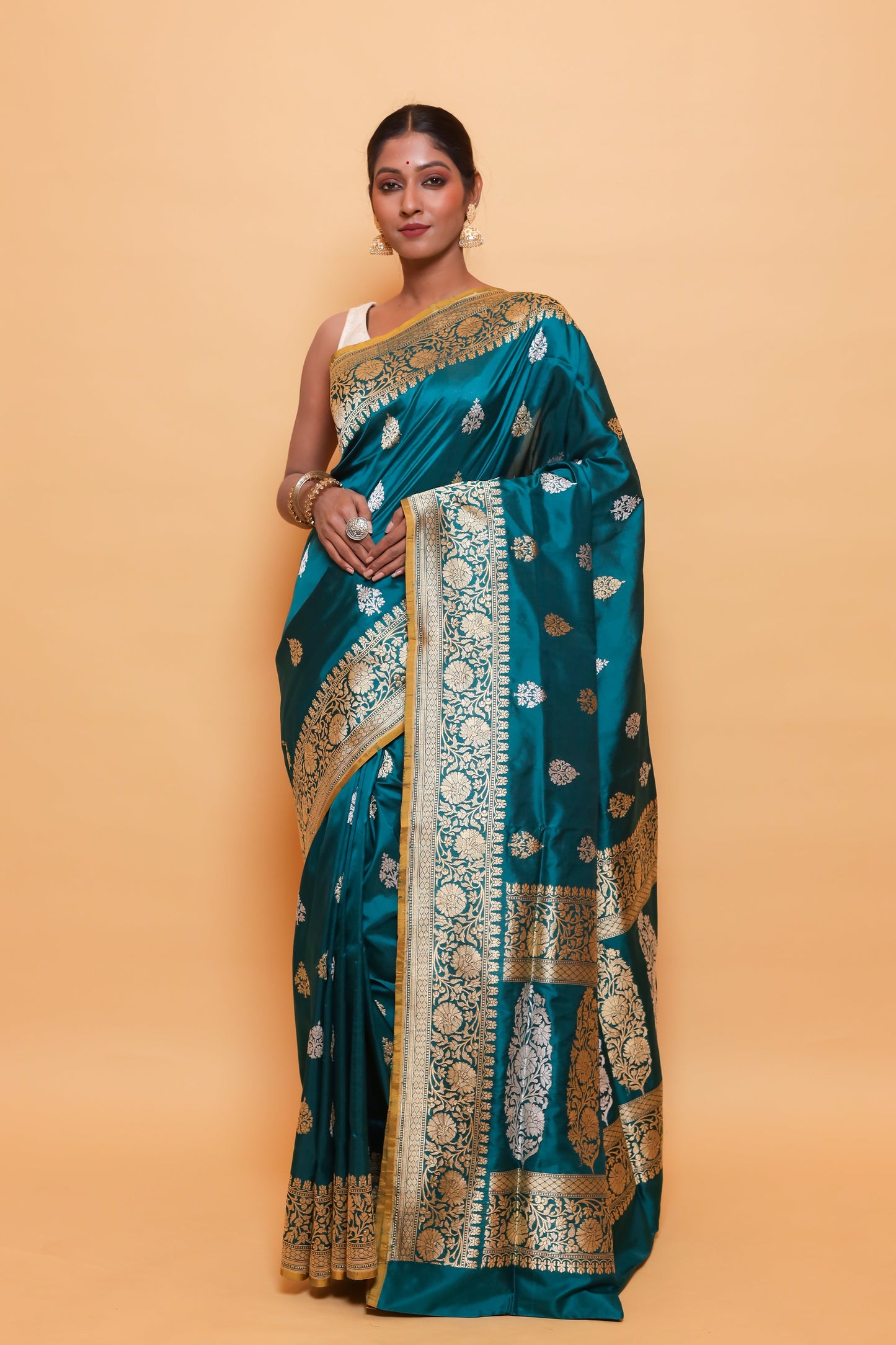 Teal Katan Pure Silk Kadwa Saree - Panaya