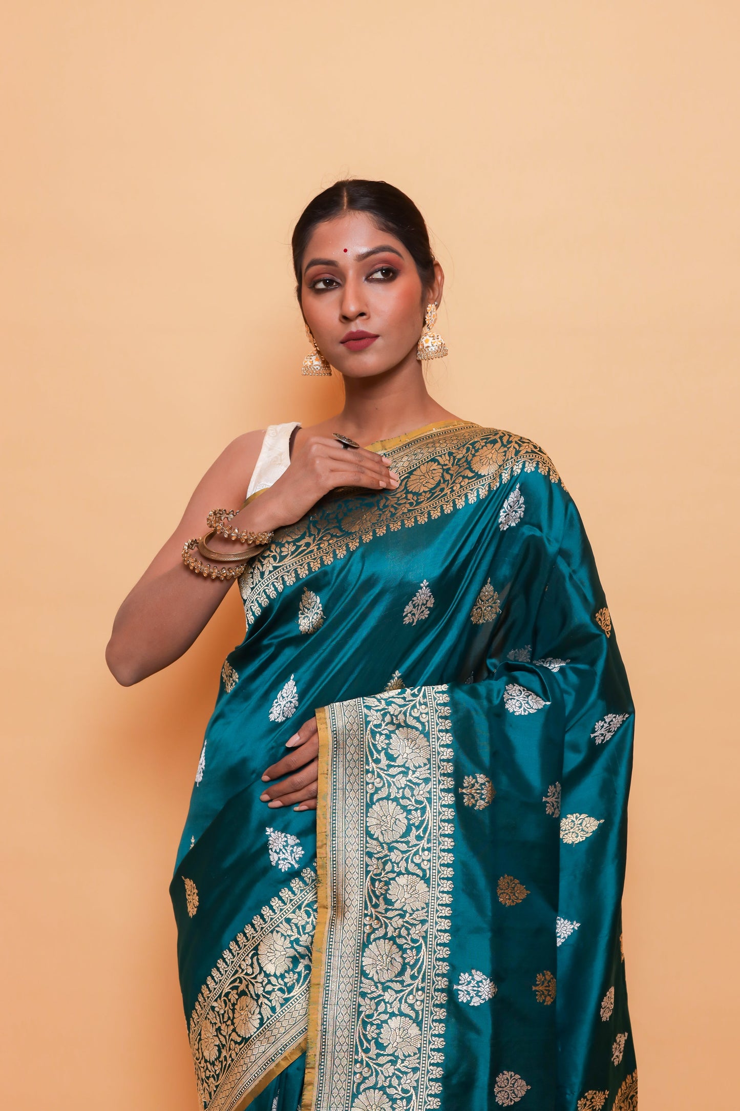 Teal Katan Pure Silk Kadwa Saree - Panaya