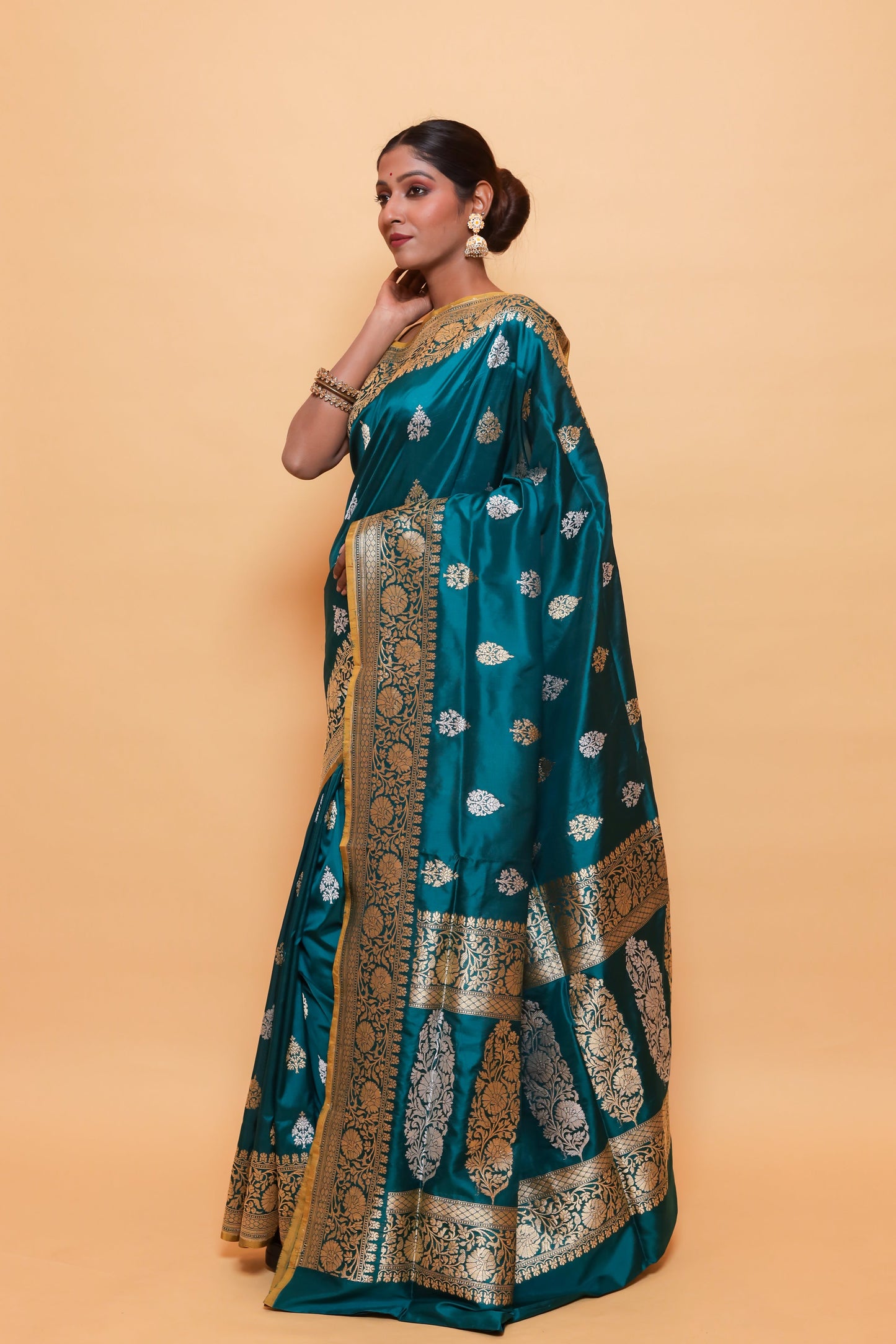 Teal Katan Pure Silk Kadwa Saree - Panaya