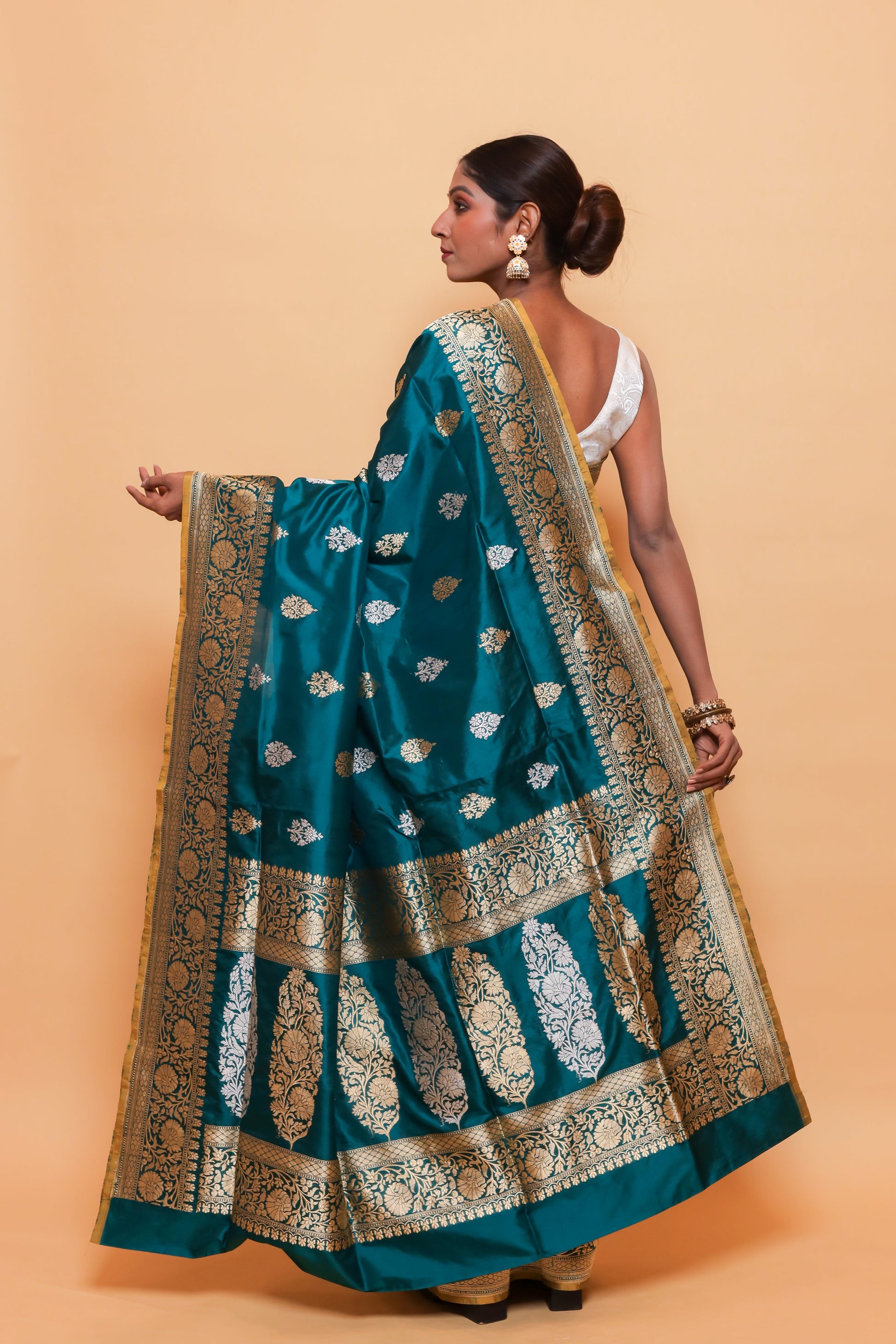 Teal Katan Pure Silk Kadwa Saree - Panaya