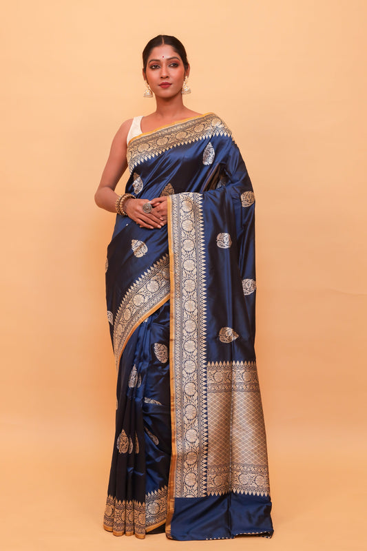 Royal Blue Katan Pure Silk Kadwa Saree - Panaya