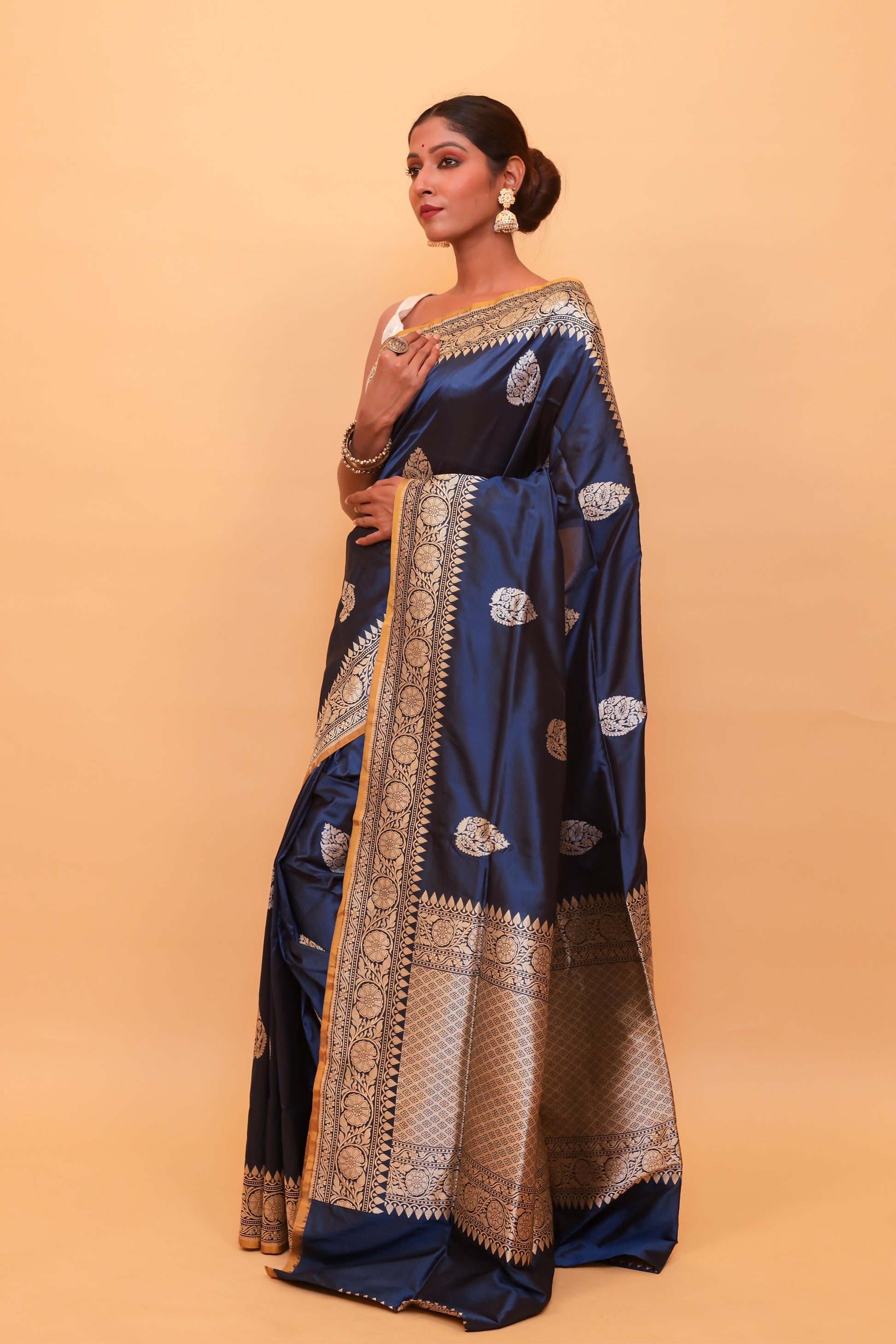 Royal Blue Katan Pure Silk Kadwa Saree - Panaya