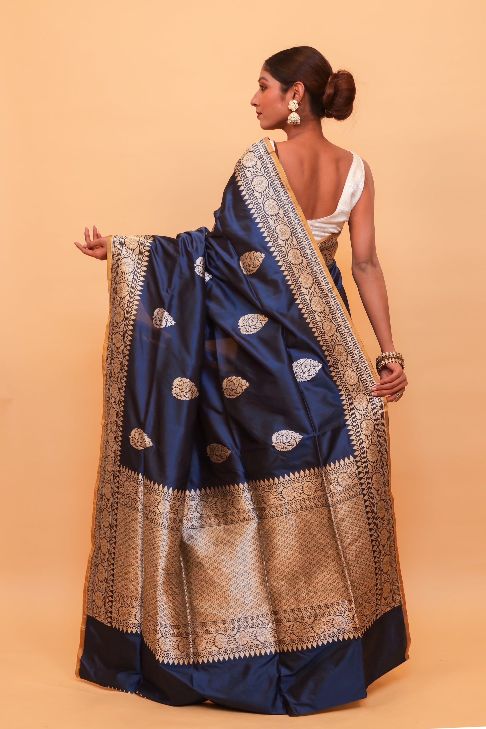 Royal Blue Katan Pure Silk Kadwa Saree - Panaya