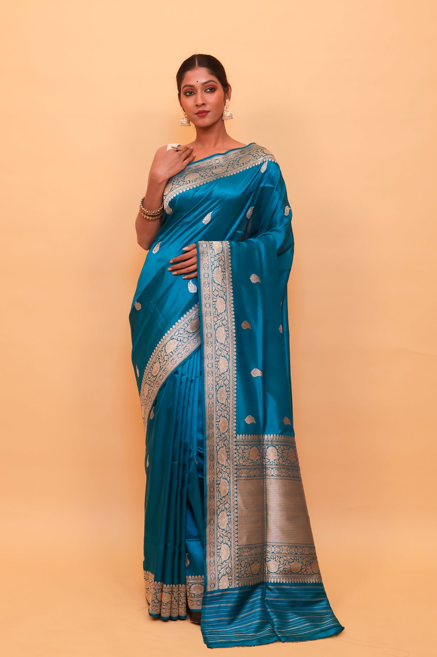 Teal  Katan Pure Silk Kadwa Saree - Panaya