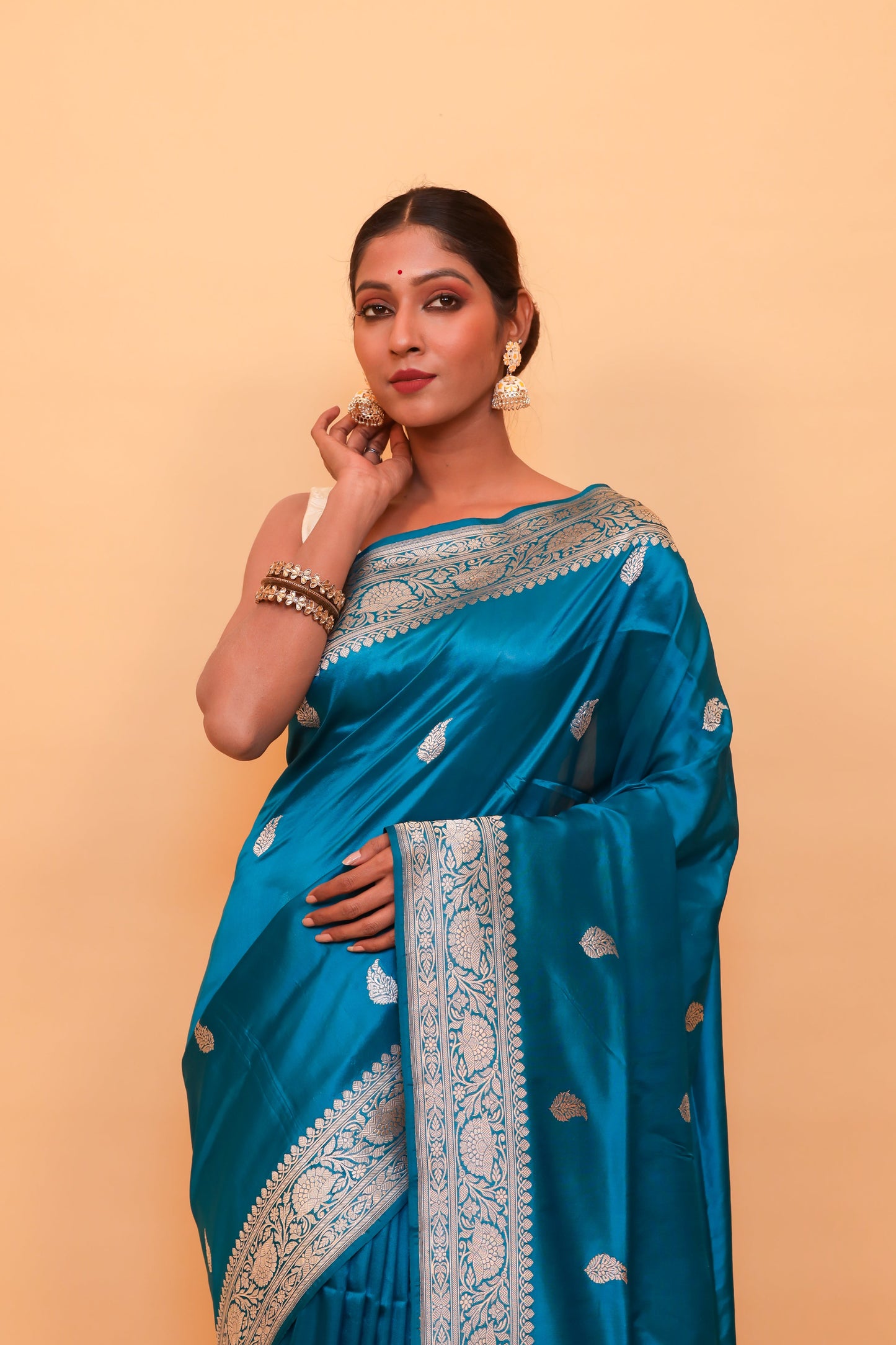 Teal  Katan Pure Silk Kadwa Saree - Panaya