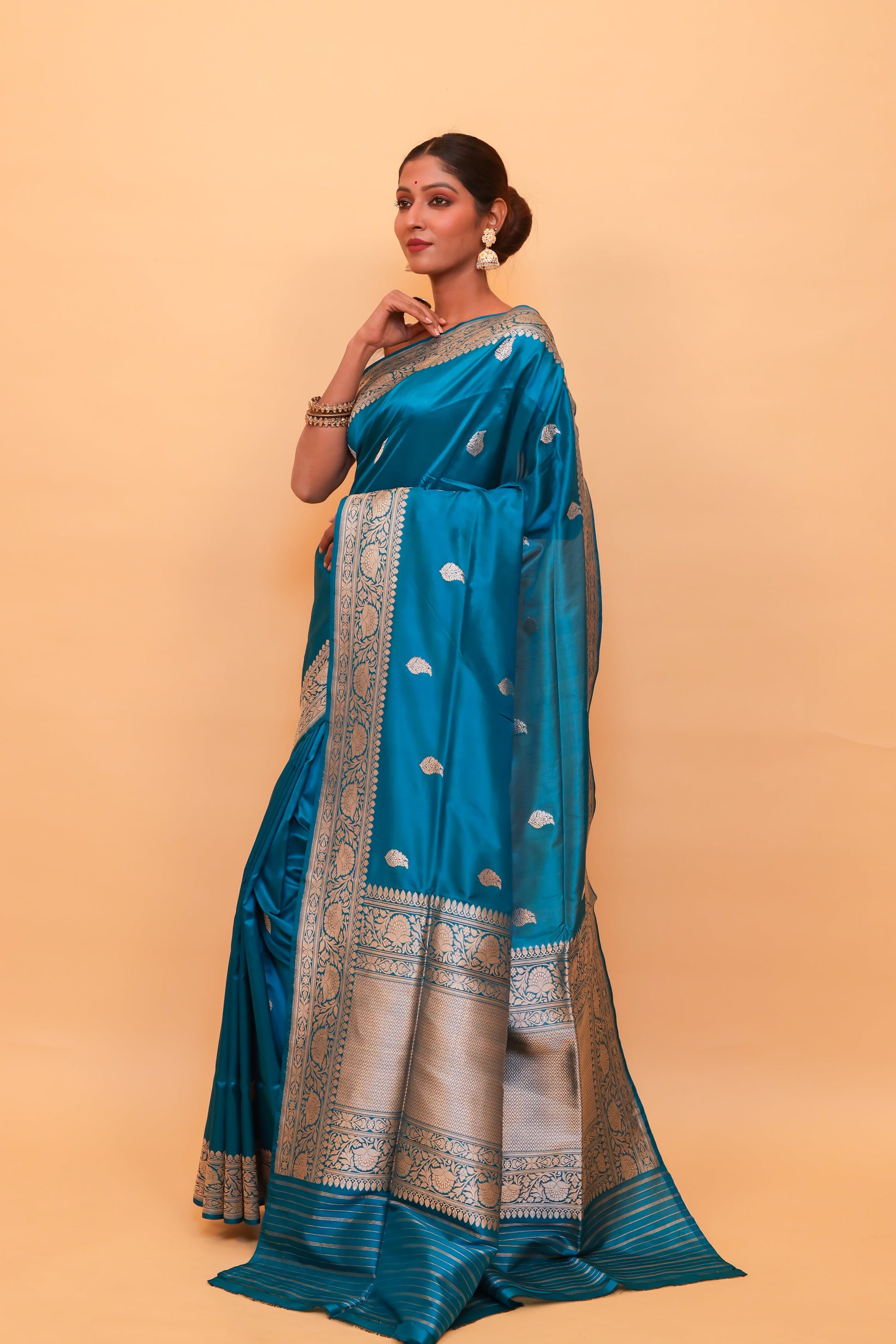 Teal  Katan Pure Silk Kadwa Saree - Panaya