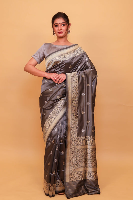 Grey Katan Pure Silk Kadwa Saree - Panaya