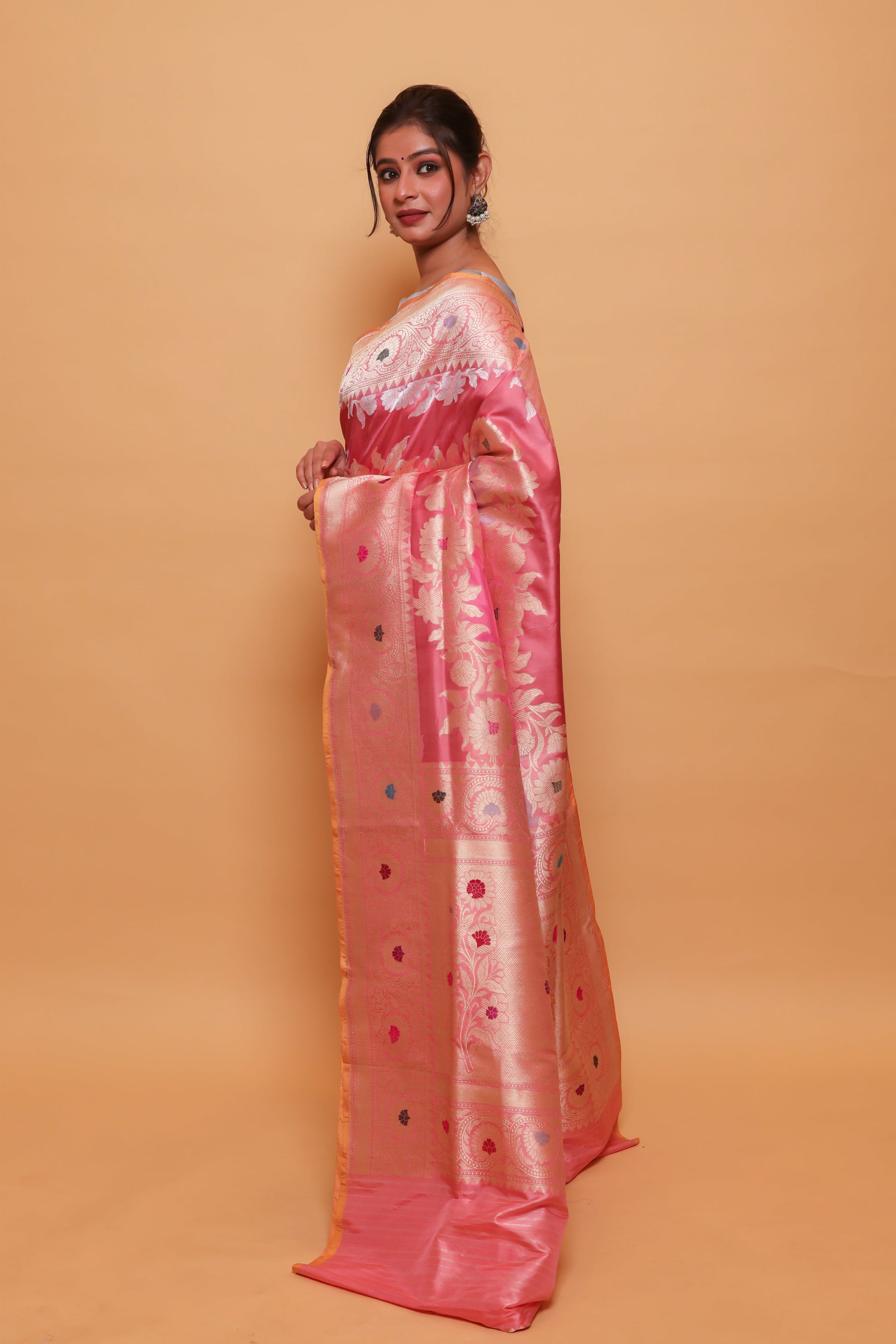 Peach Katan Pure Silk Kadwa Saree - Panaya