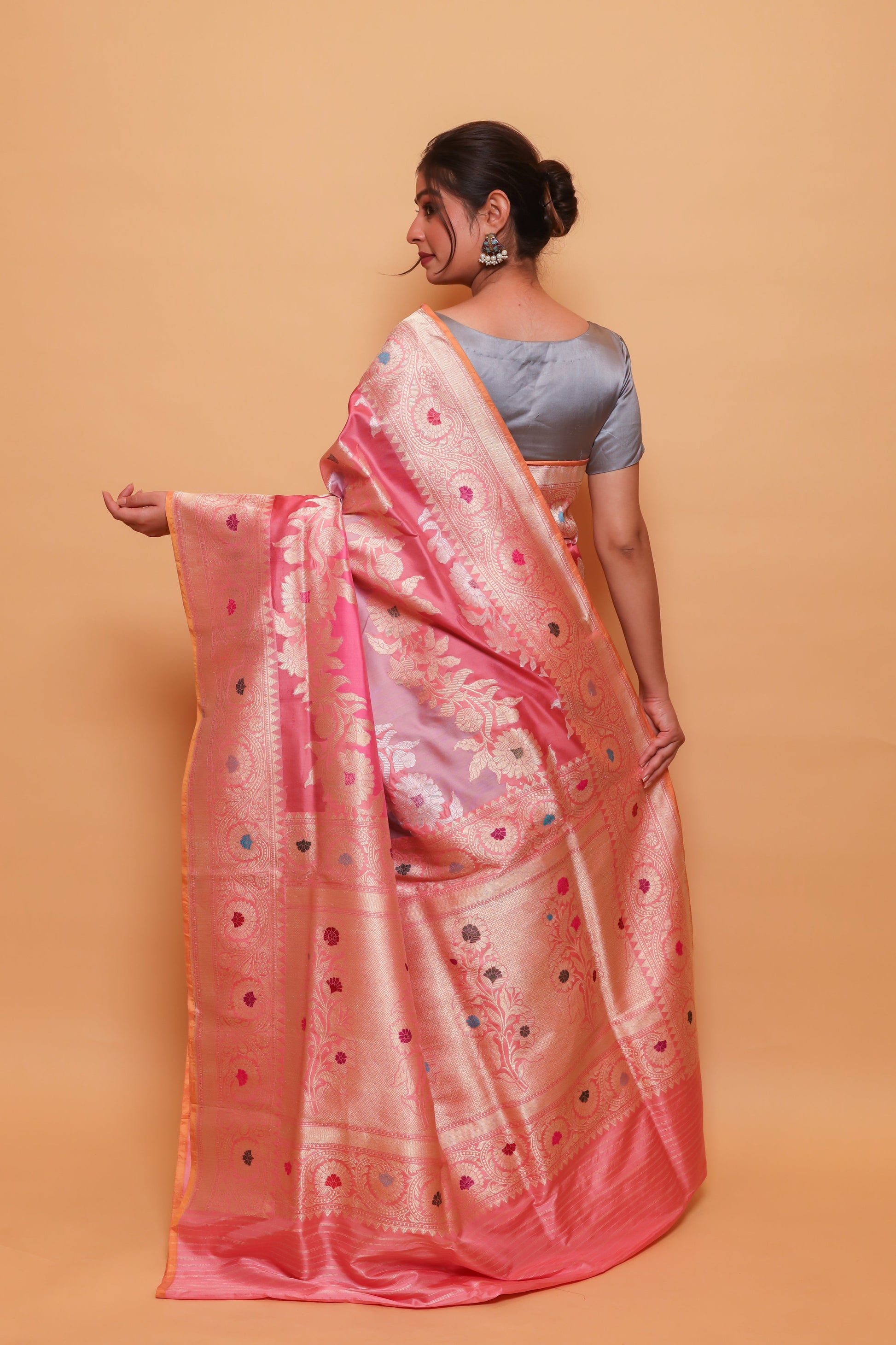 Peach Katan Pure Silk Kadwa Saree - Panaya