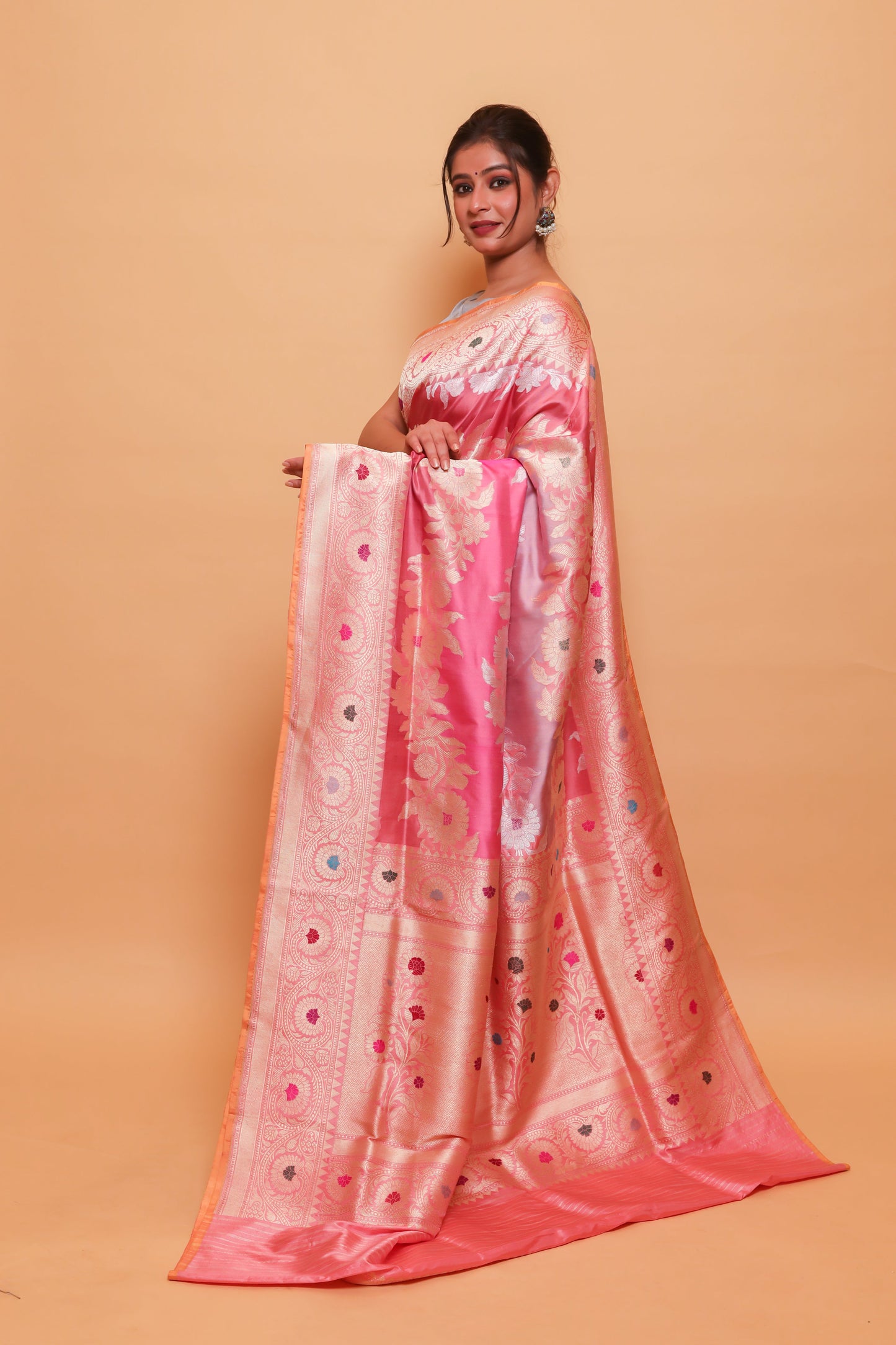 Peach Katan Pure Silk Kadwa Saree - Panaya