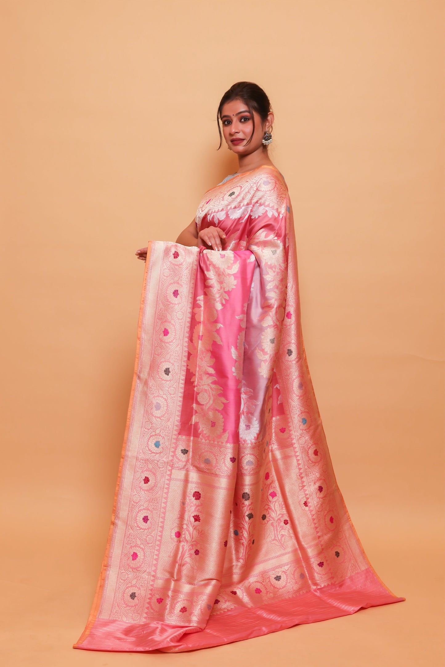 Peach Katan Pure Silk Kadwa Saree - Panaya