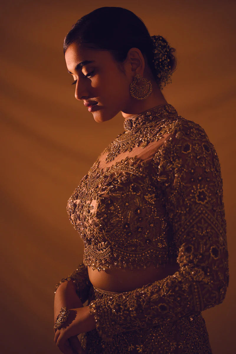 Gold Color 3D embroidery & Sequins Bridal Lehenga