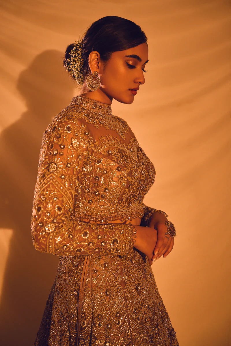 Gold Color 3D embroidery & Sequins Bridal Lehenga