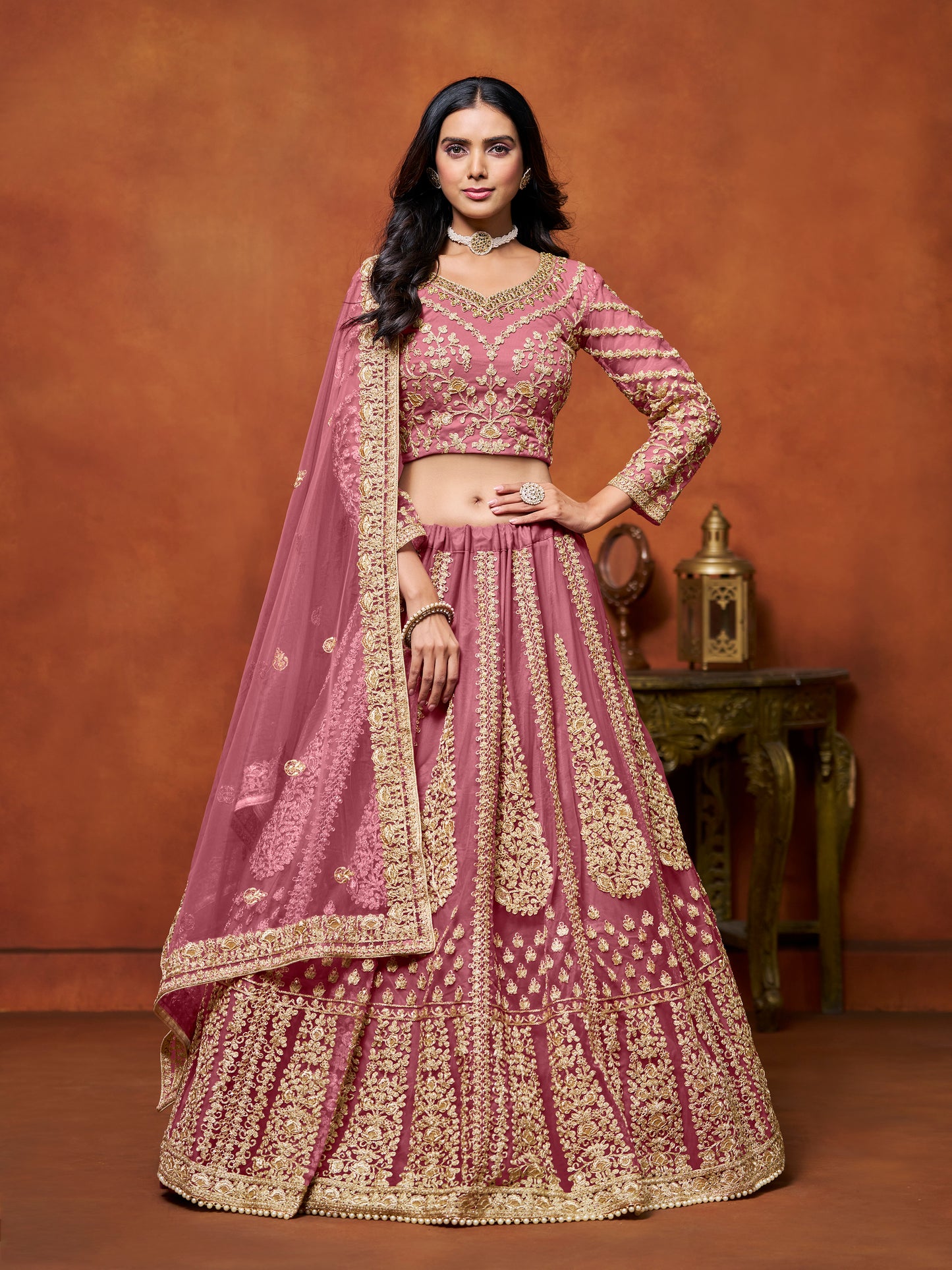 Pink Sequins & Thread Embroidery Net Bridesmaid Lehenga