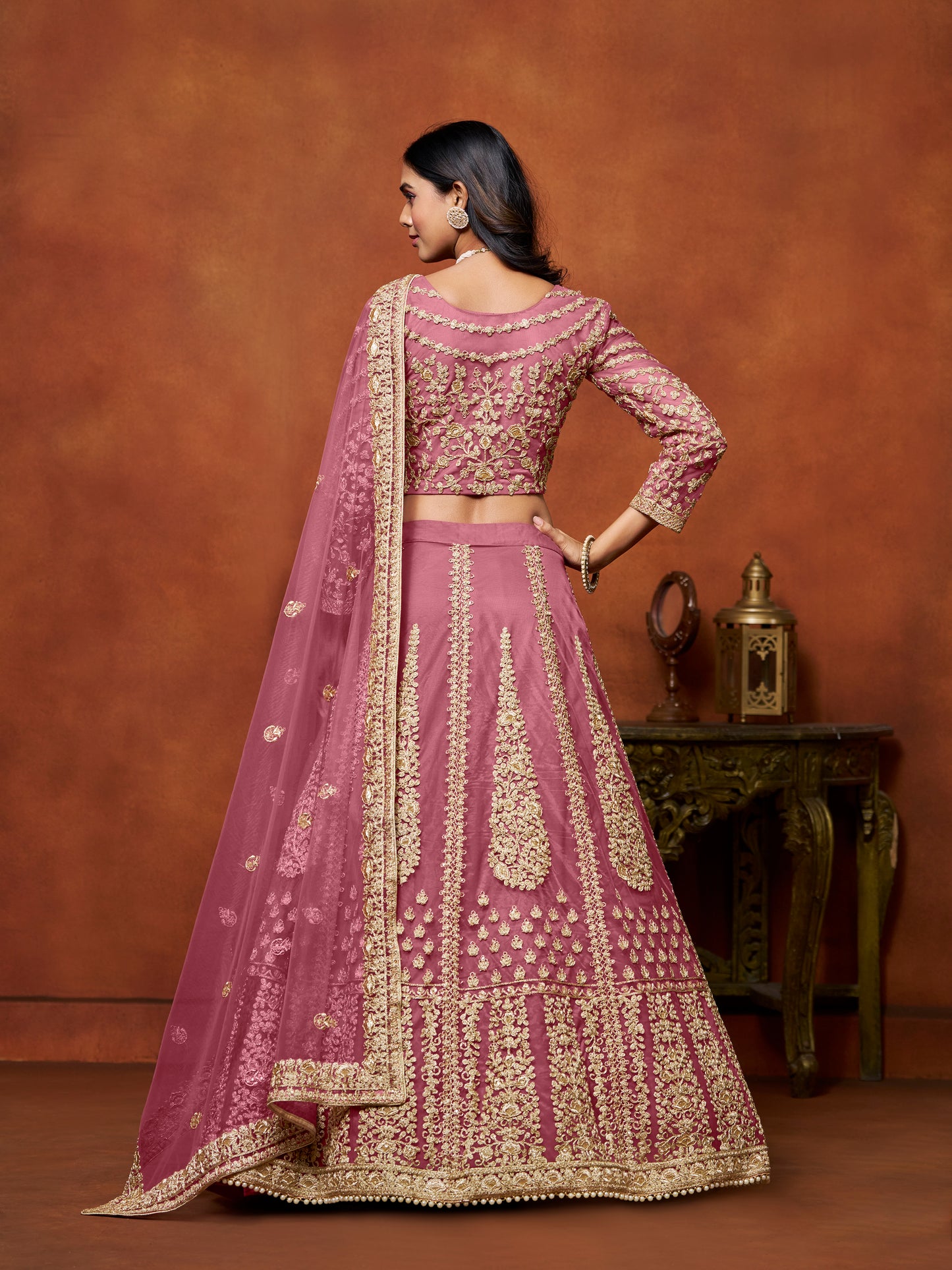 Pink Sequins & Thread Embroidery Net Bridesmaid Lehenga