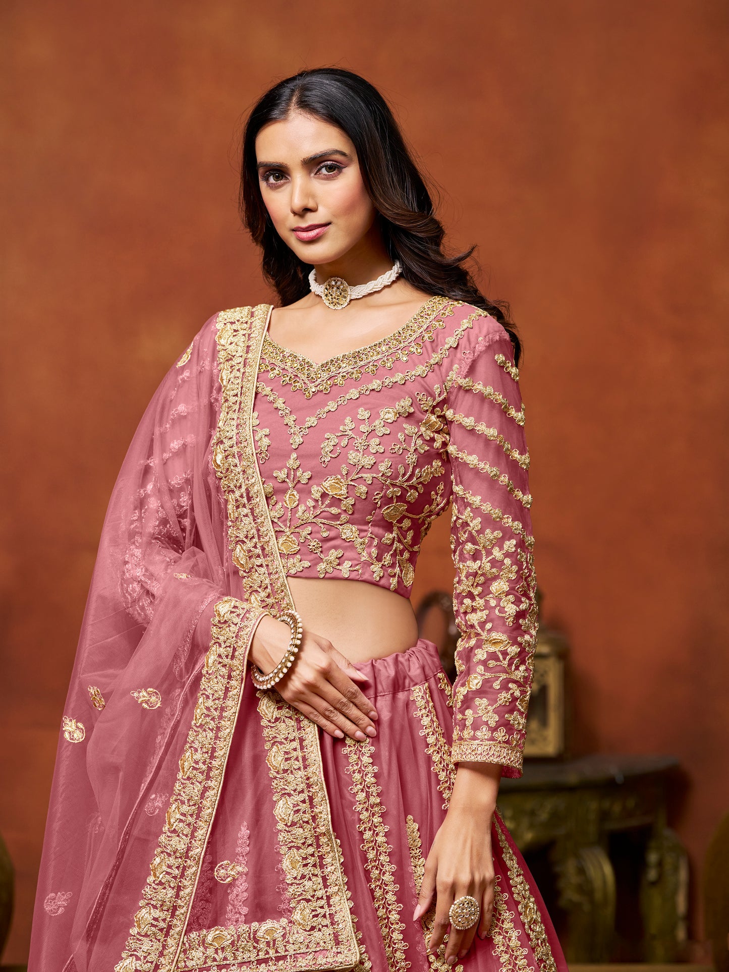 Pink Sequins & Thread Embroidery Net Bridesmaid Lehenga