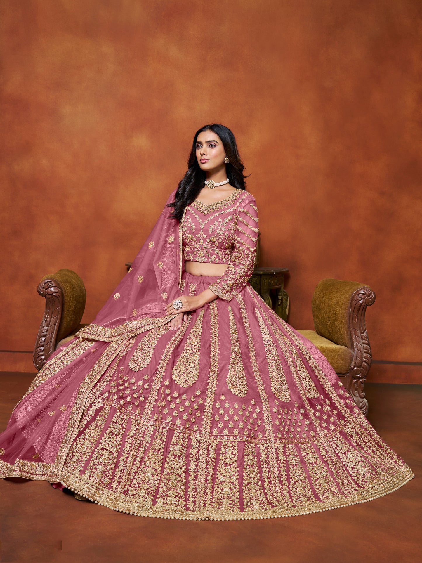 Pink Sequins & Thread Embroidery Net Bridesmaid Lehenga