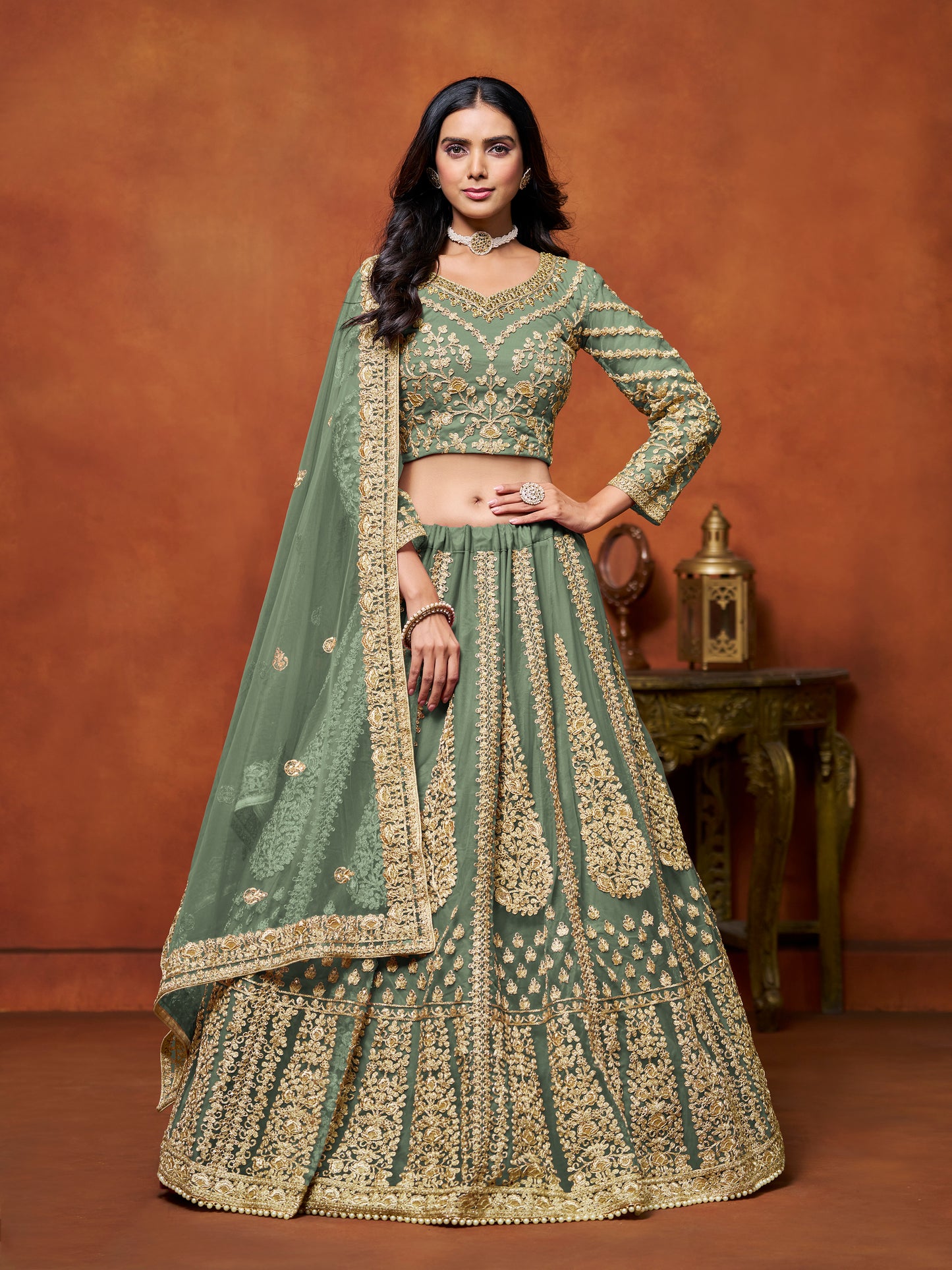 Green Sequins & Thread Embroidery Net Engagement Lehenga