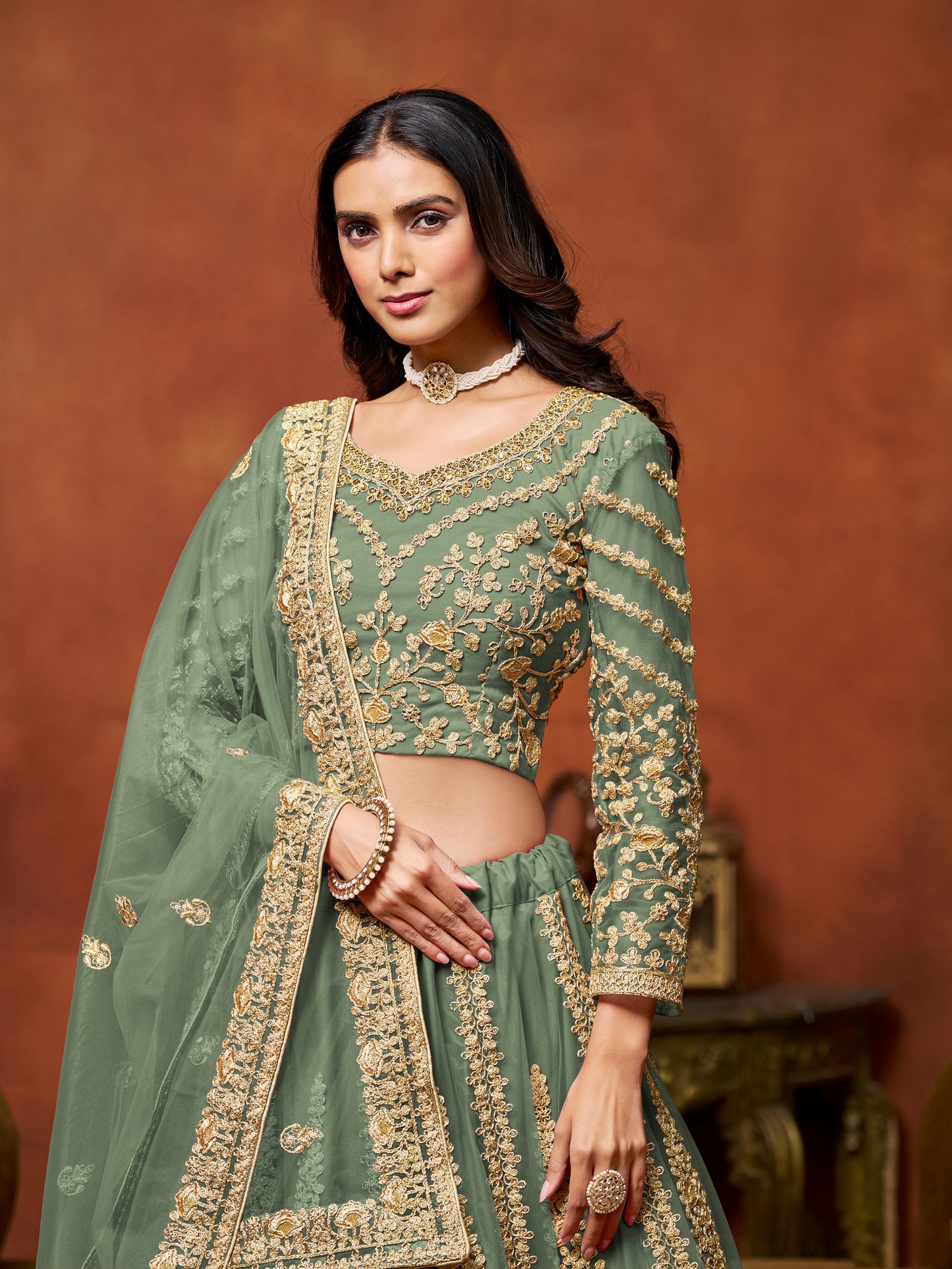 Green Sequins & Thread Embroidery Net Engagement Lehenga