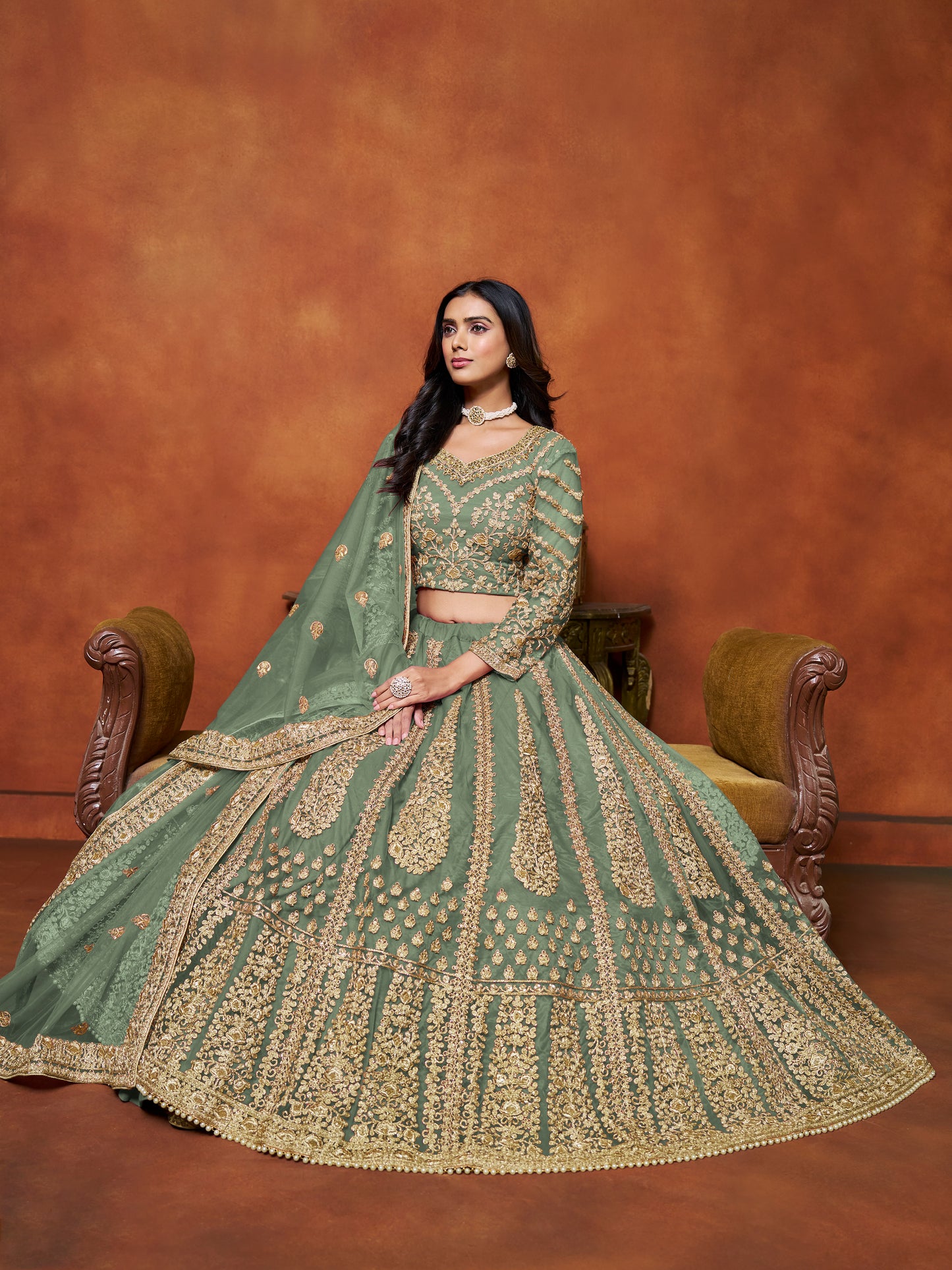 Green Sequins & Thread Embroidery Net Engagement Lehenga