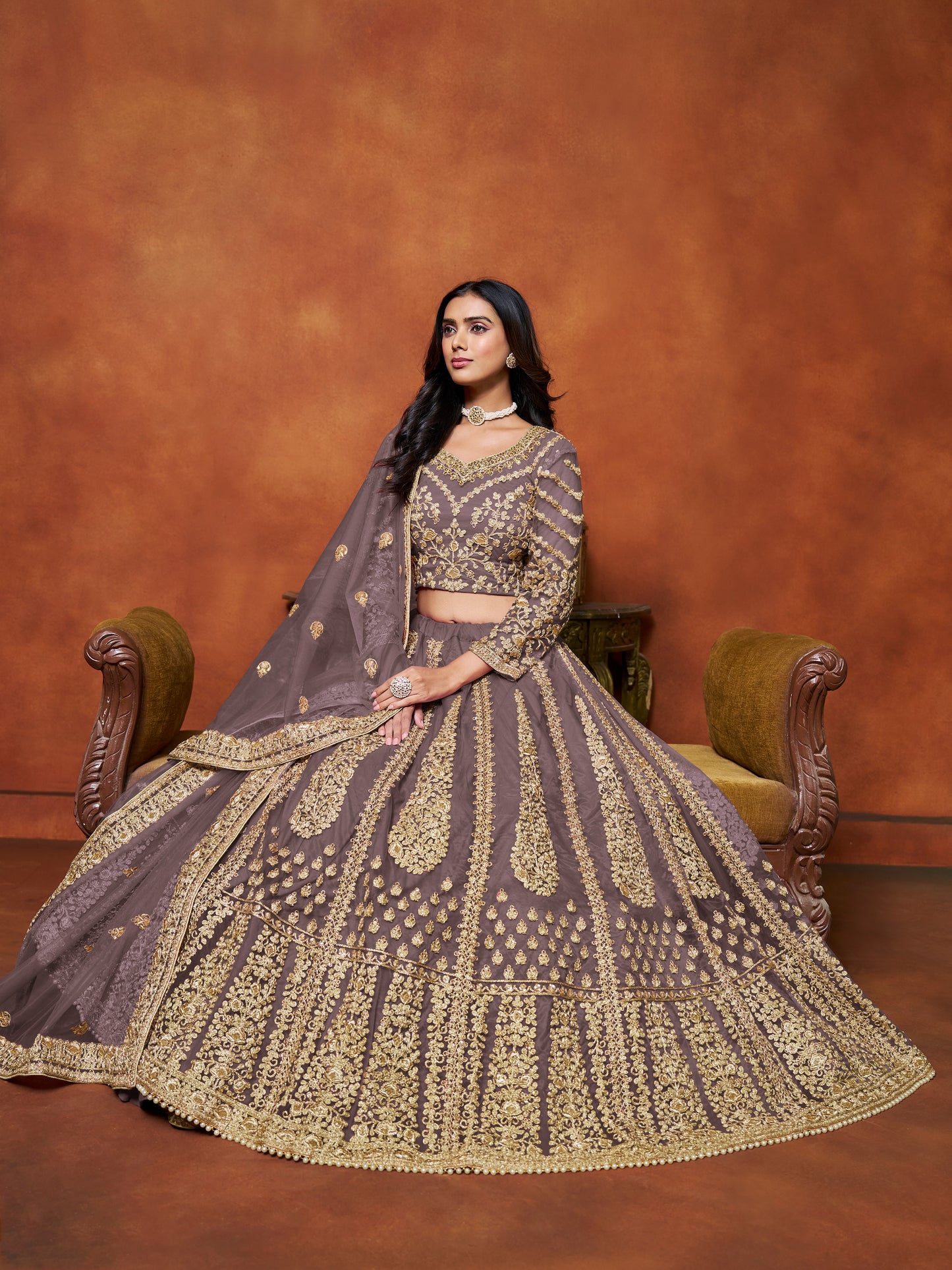 Purple Sequins & Thread Embroidery Net Lehenga