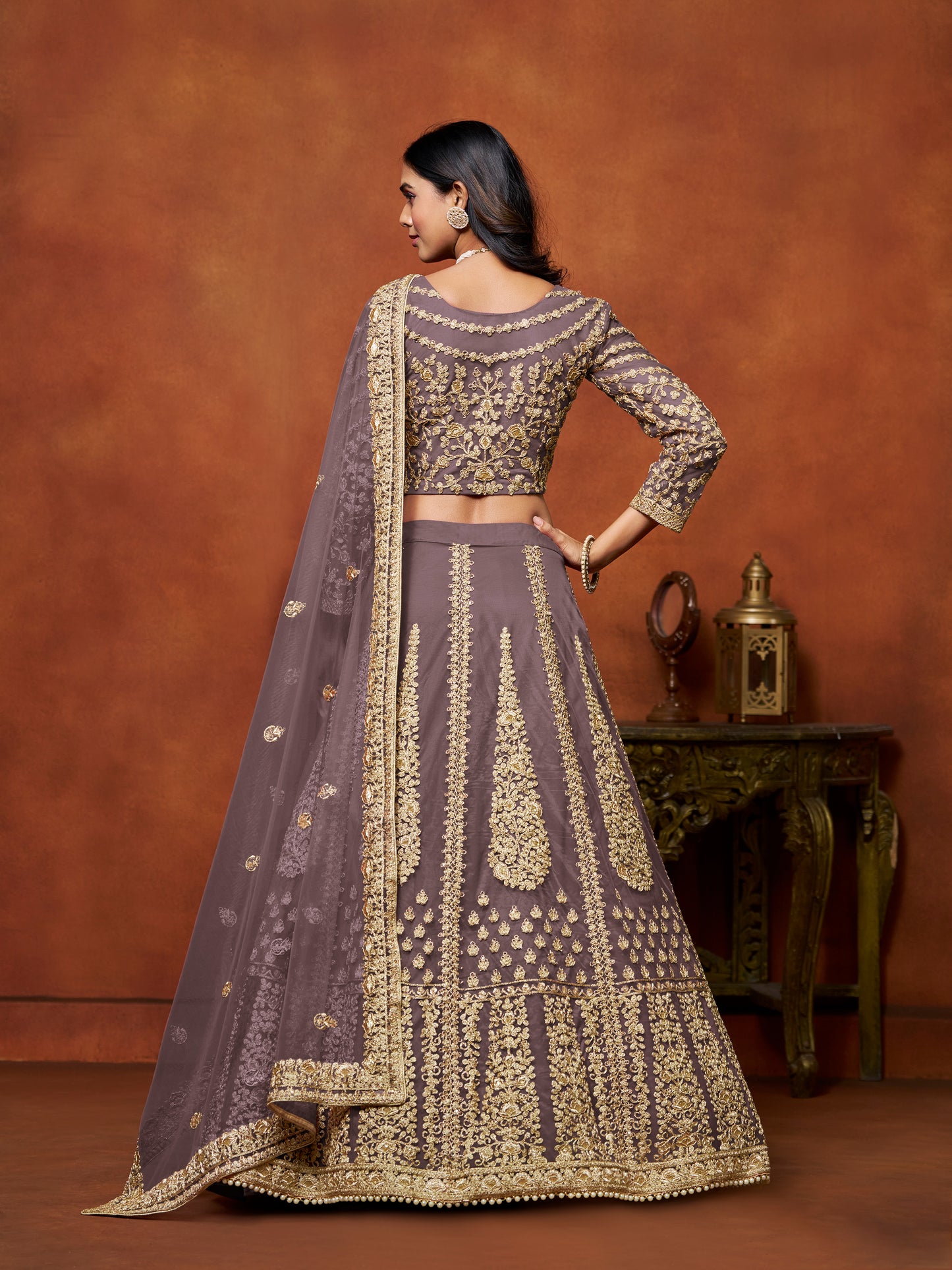 Purple Sequins & Thread Embroidery Net Lehenga