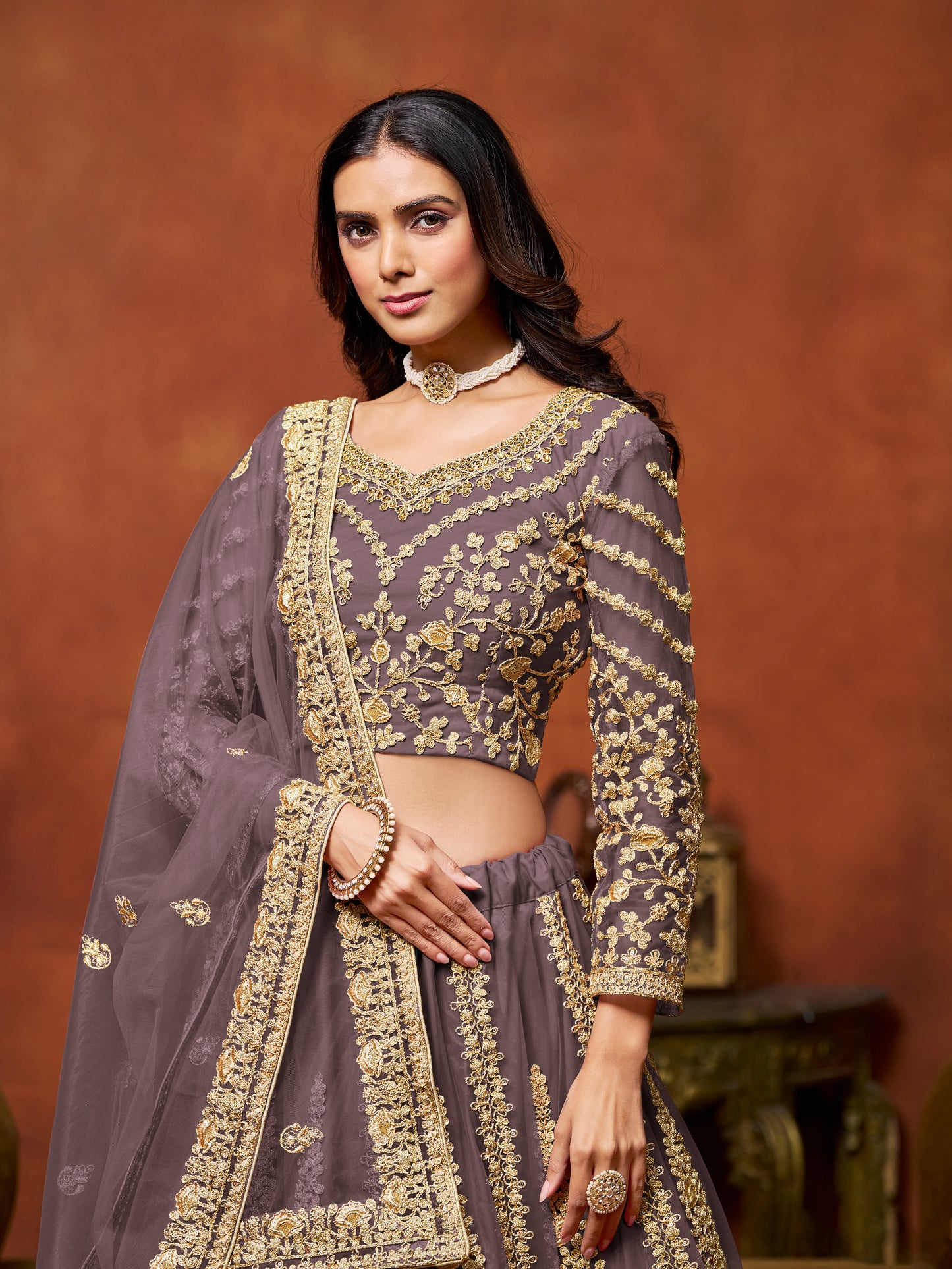 Purple Sequins & Thread Embroidery Net Lehenga