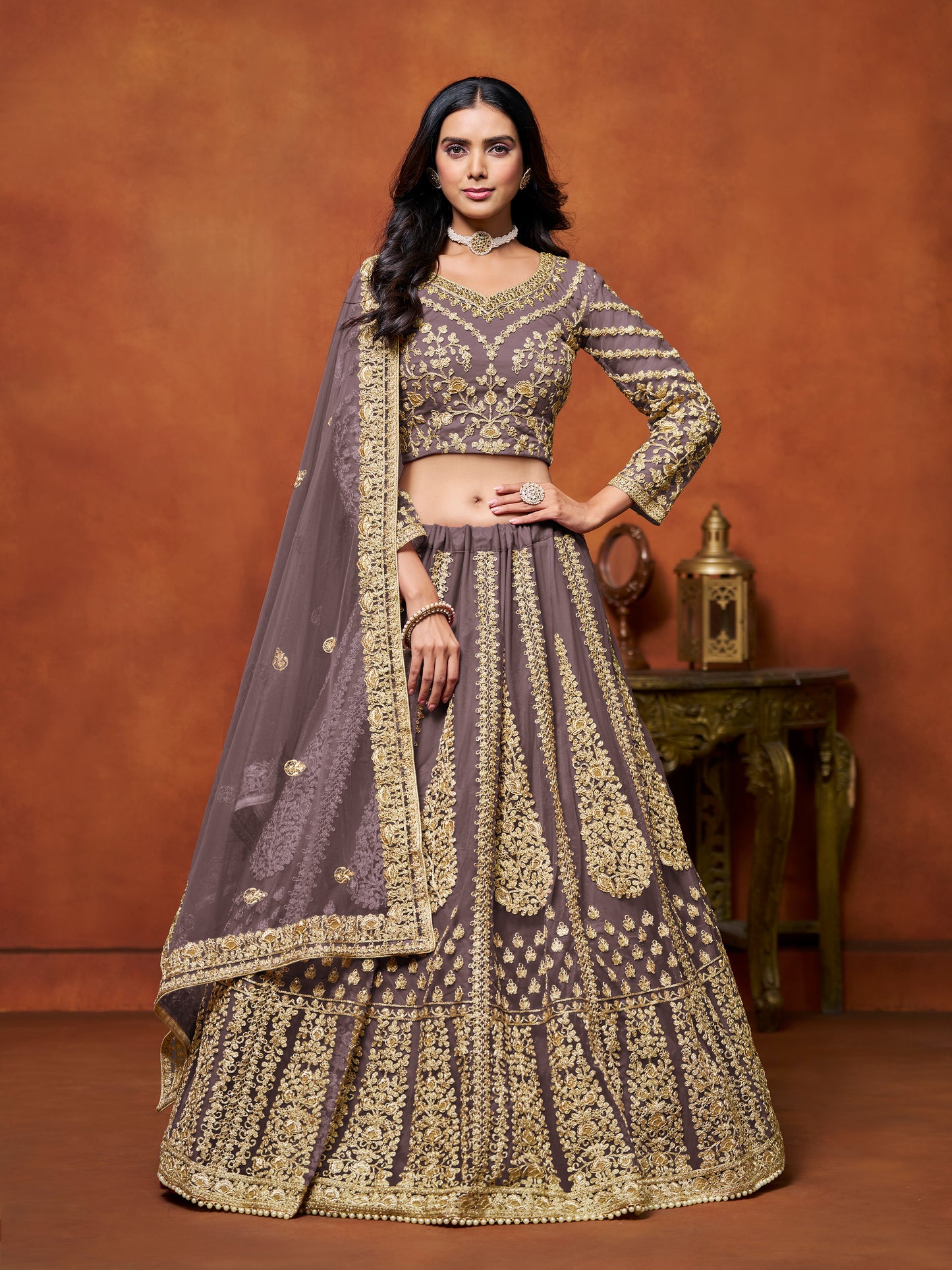 Purple Sequins & Thread Embroidery Net Lehenga