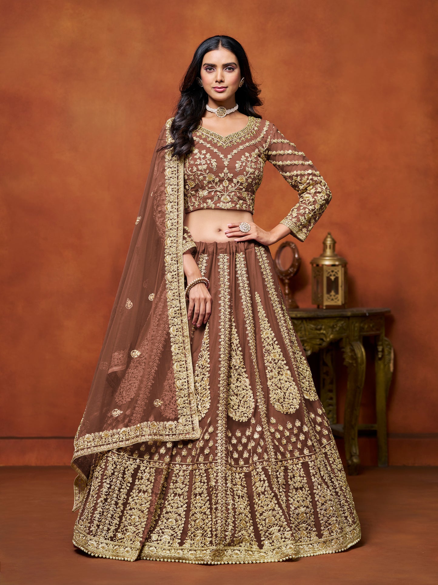 Brown Sequins & Thread Embroidery Net Bridesmaid Lehenga