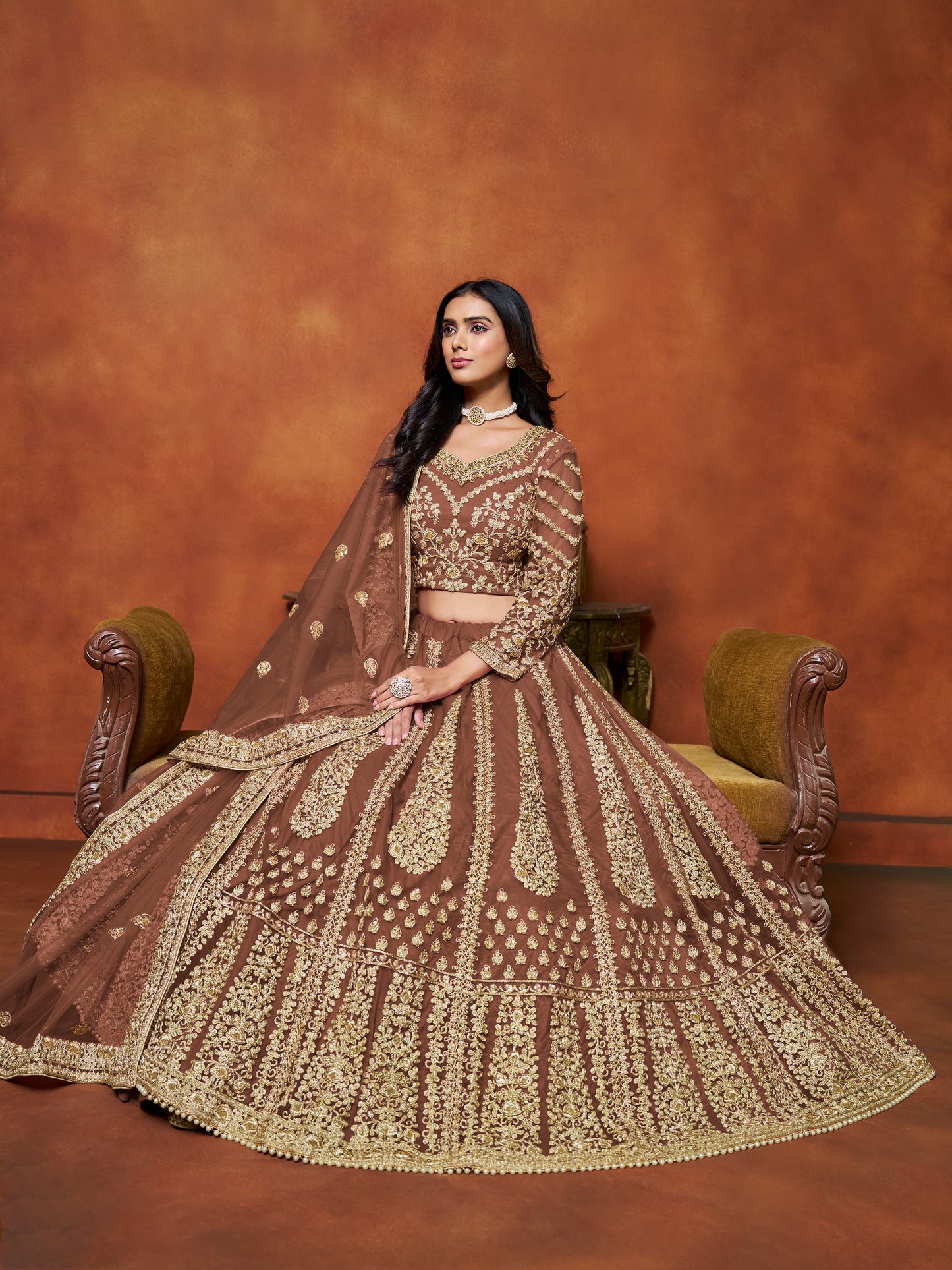 Brown Sequins & Thread Embroidery Net Bridesmaid Lehenga