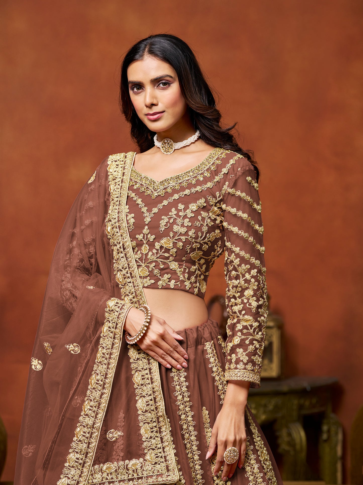 Brown Sequins & Thread Embroidery Net Bridesmaid Lehenga