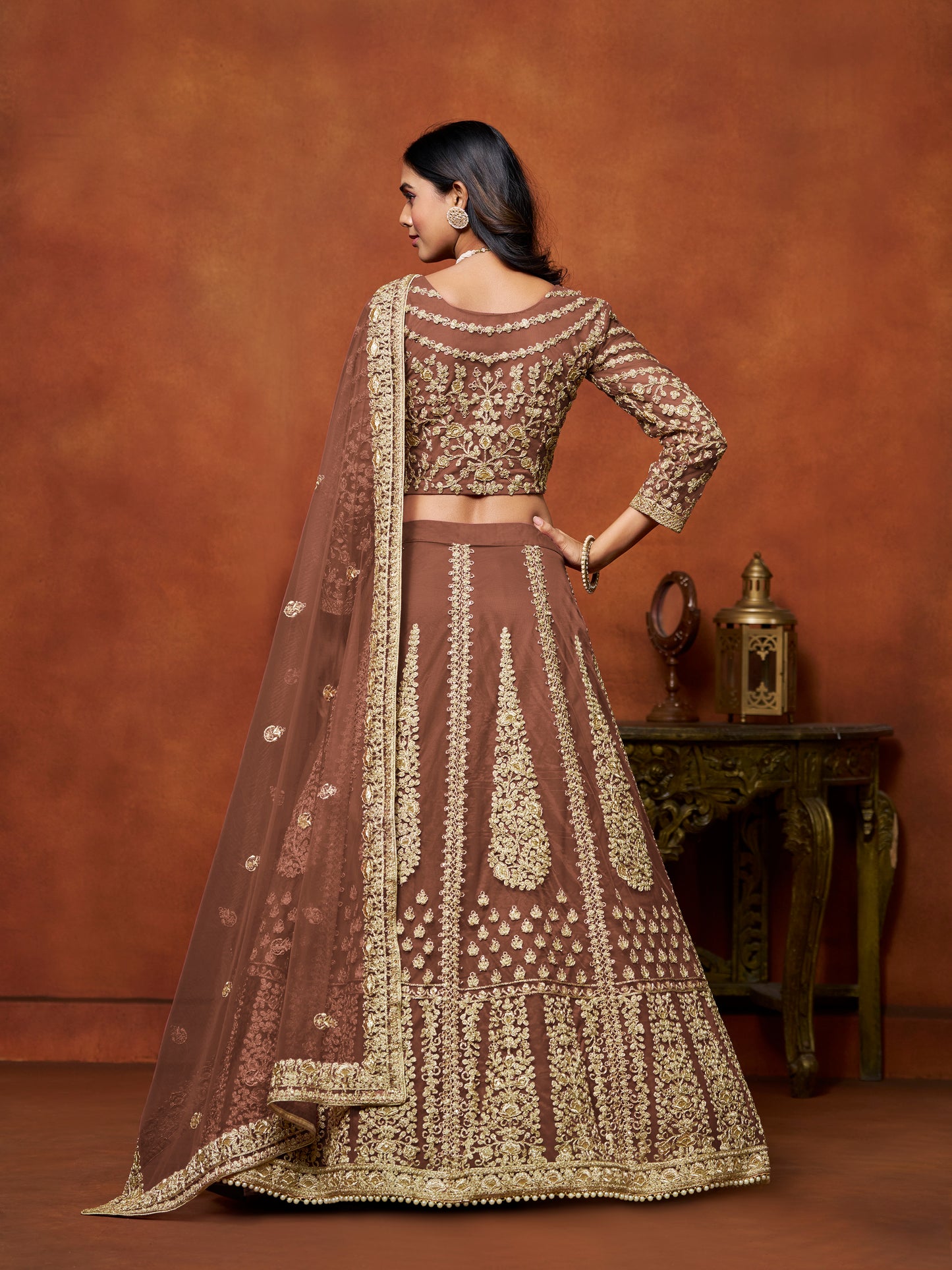 Brown Sequins & Thread Embroidery Net Bridesmaid Lehenga