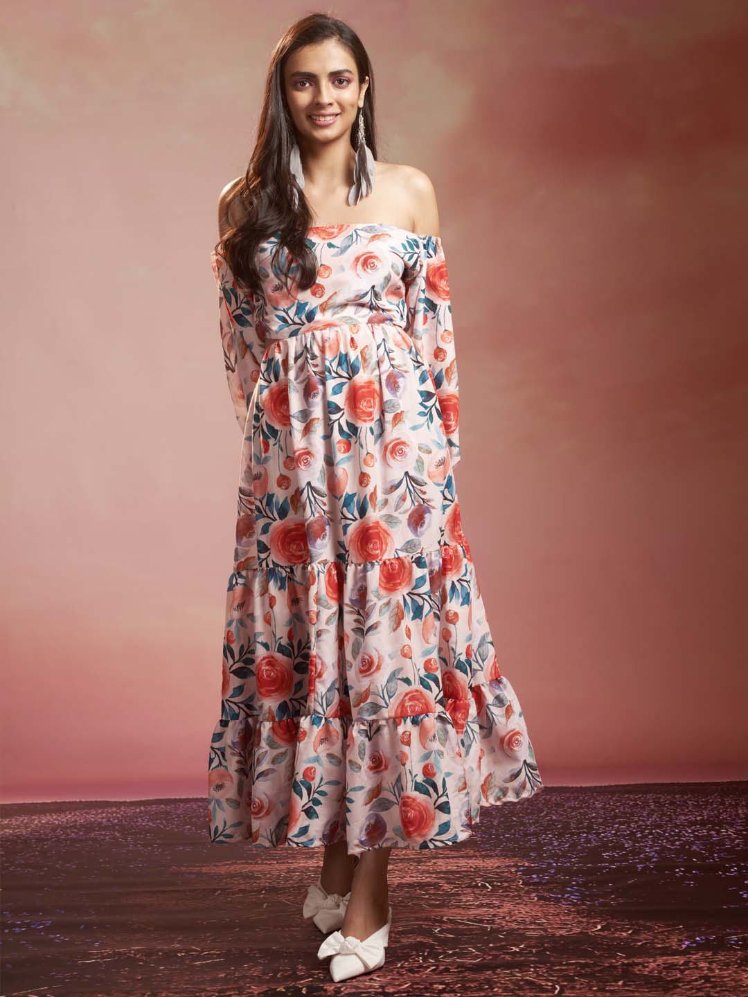 White Floral Print Muslin Flared Maxi Dress