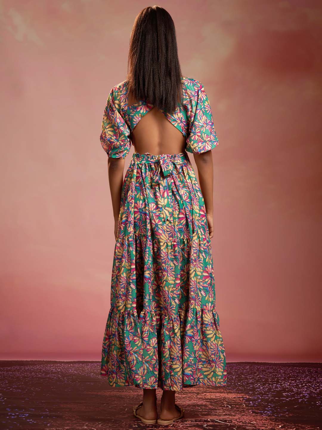 Multicolor Floral Print Muslin Flared Maxi Dress