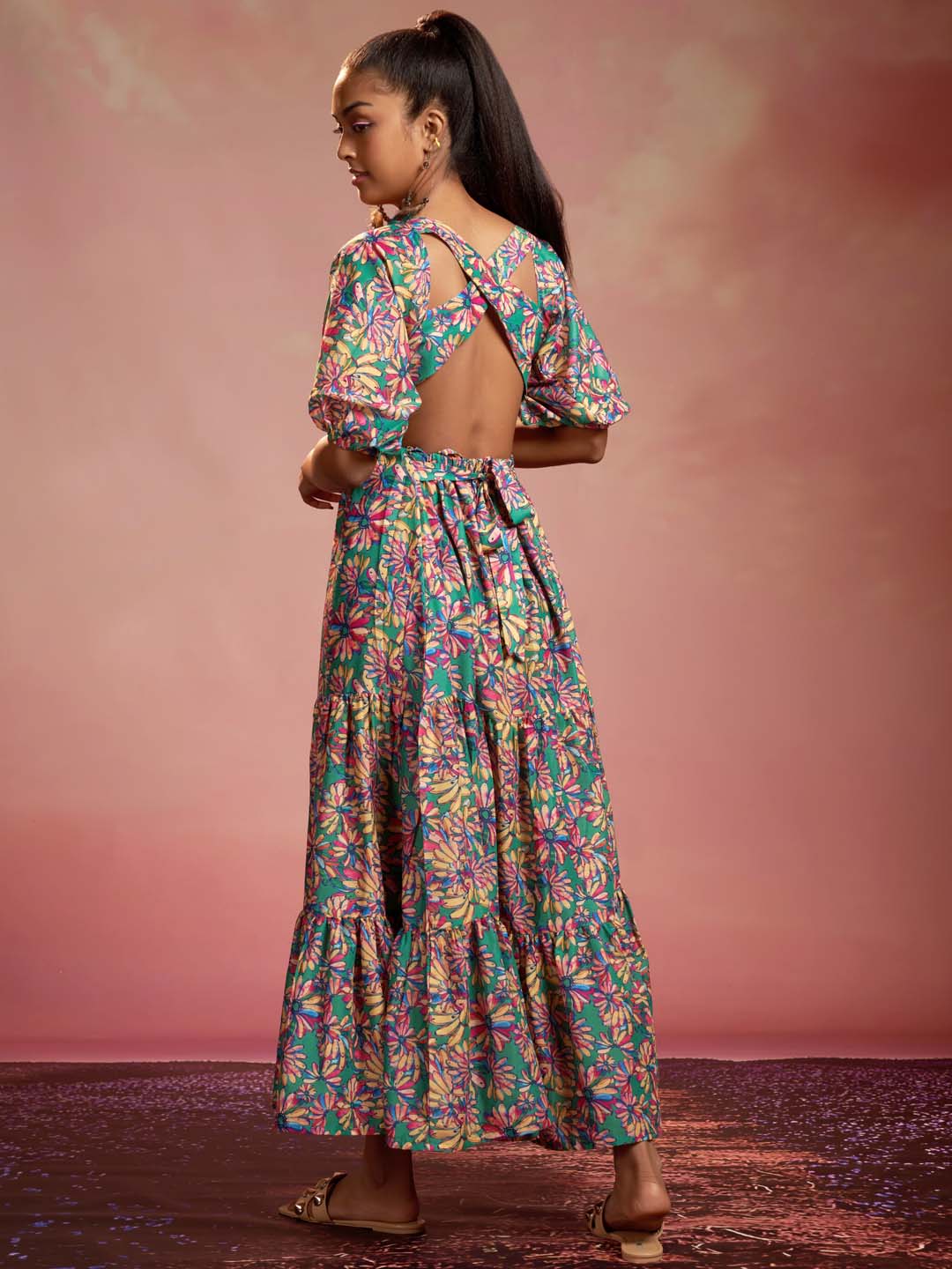 Multicolor Floral Print Muslin Flared Maxi Dress