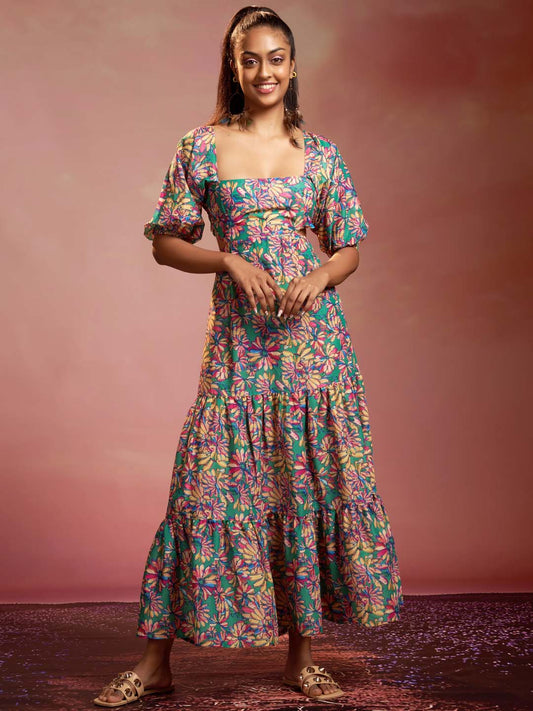 Multicolor Floral Print Muslin Flared Maxi Dress | Raisin Relove