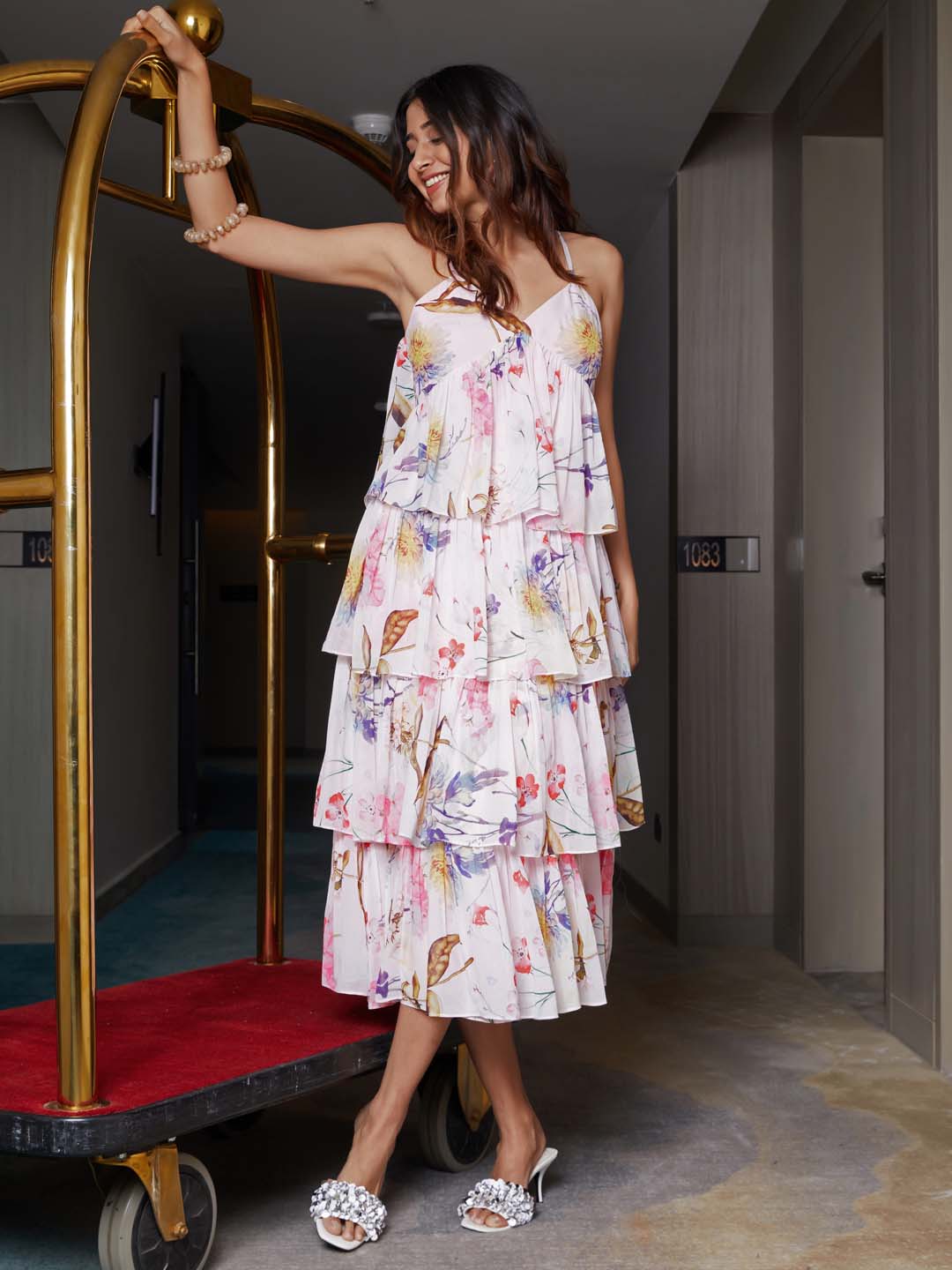 Off White Floral Print Weightless Georgette Flared Maxi Dress