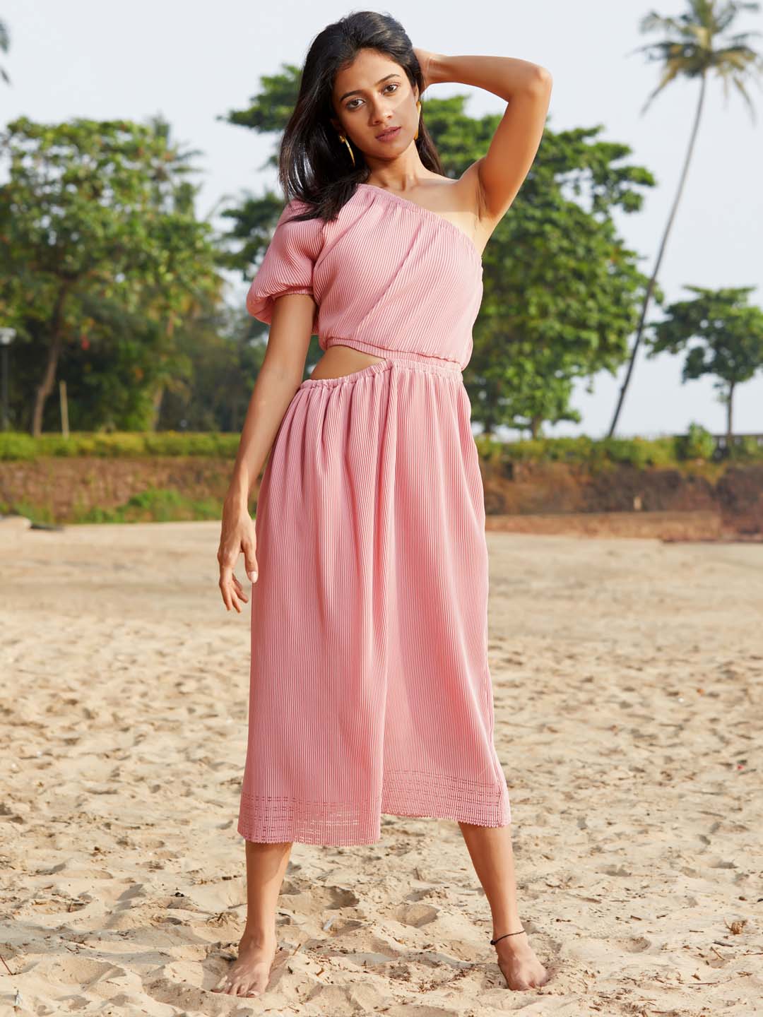 Pink Cut Work Cutwork Bubble Georgette A-Line Maxi Dress