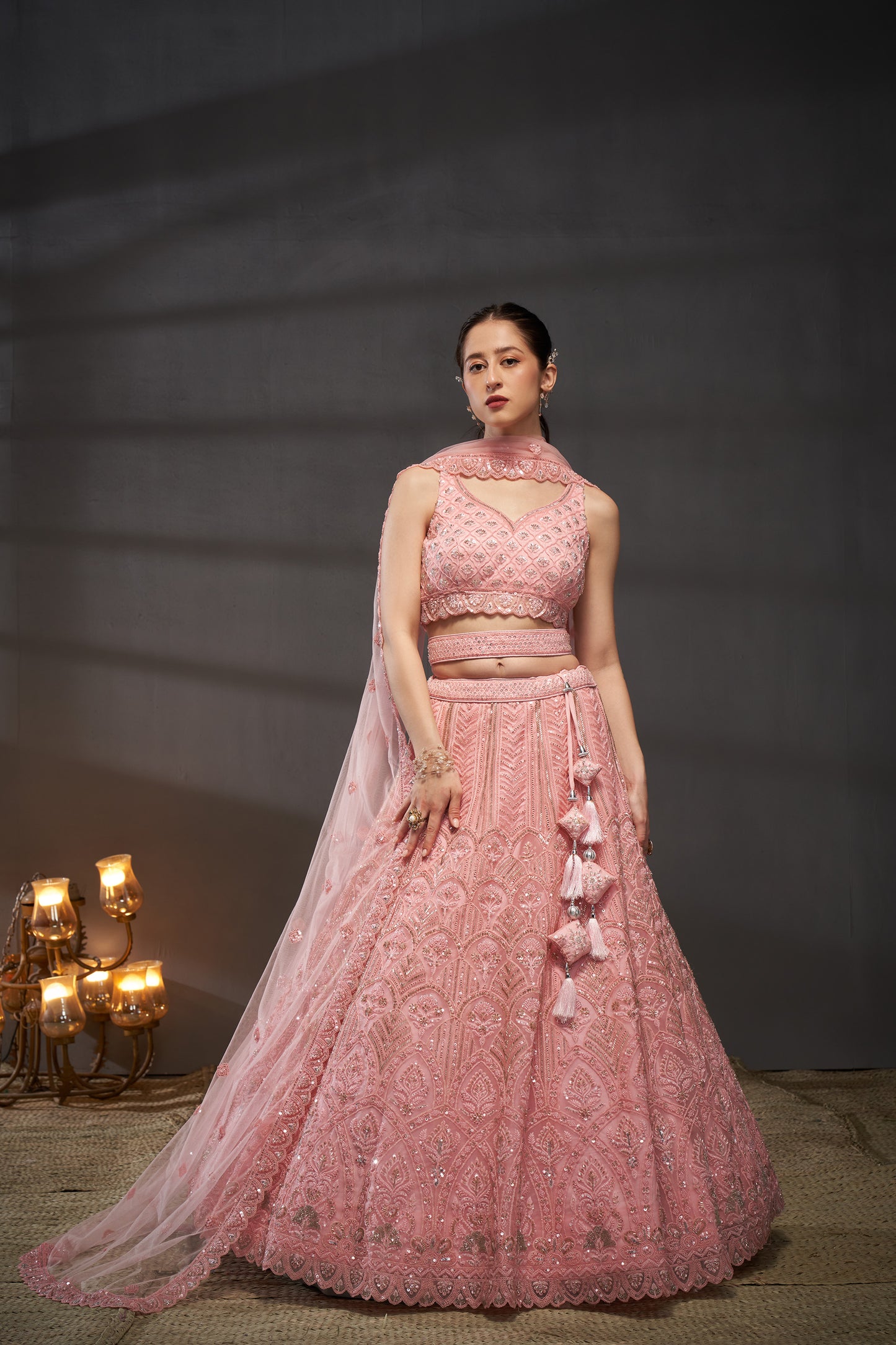 Pink Net Cutdana, Sequins and Zarkan embroidery Lehenga