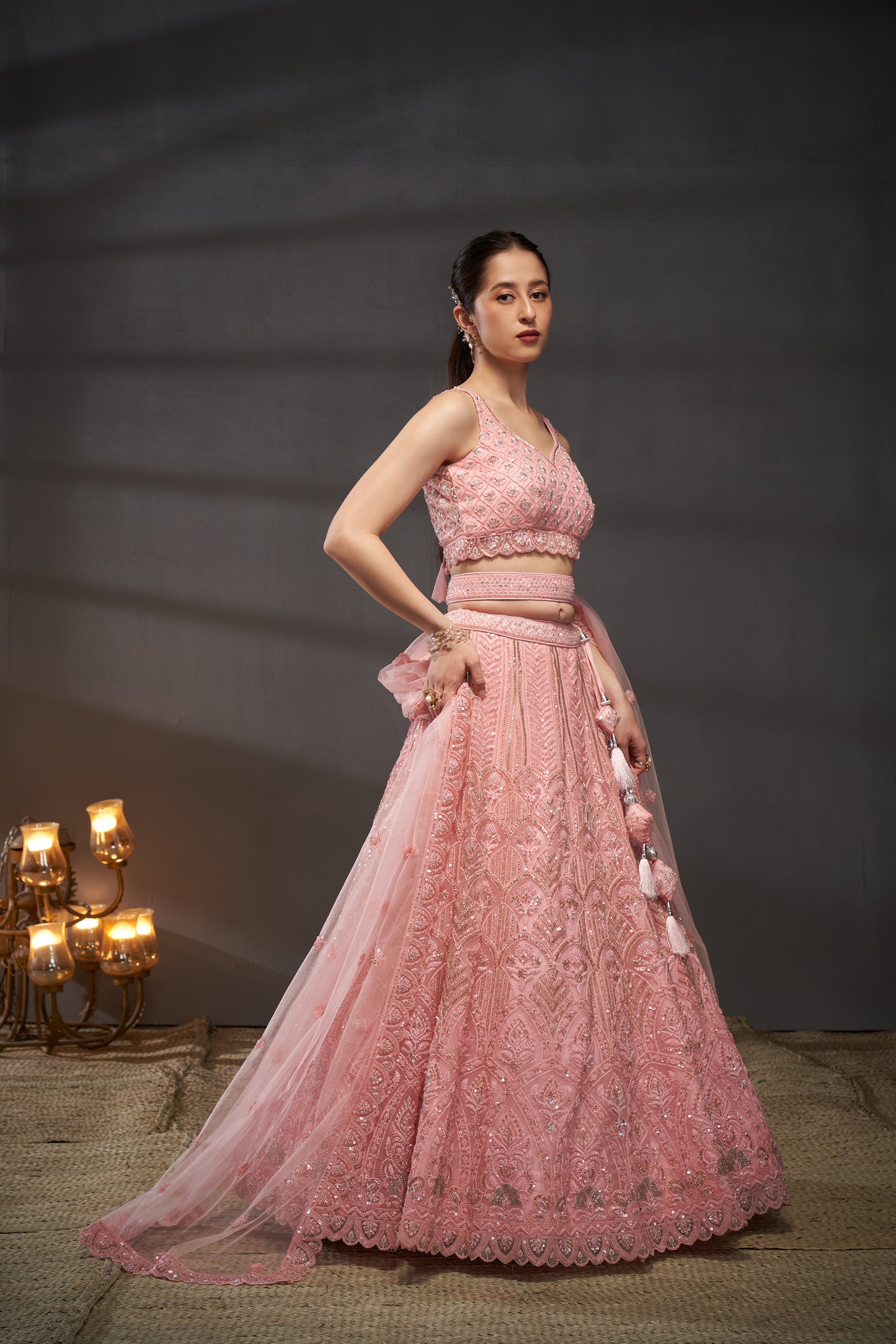 Pink Net Cutdana, Sequins and Zarkan embroidery Lehenga