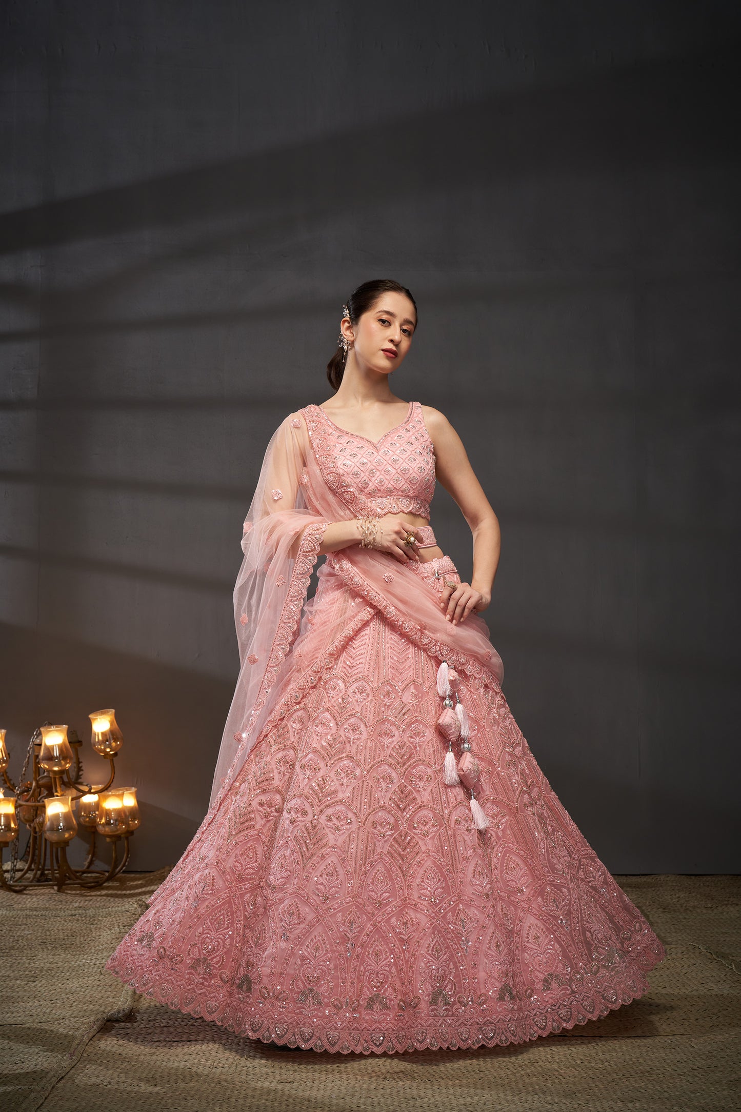 Pink Net Cutdana, Sequins and Zarkan embroidery Lehenga