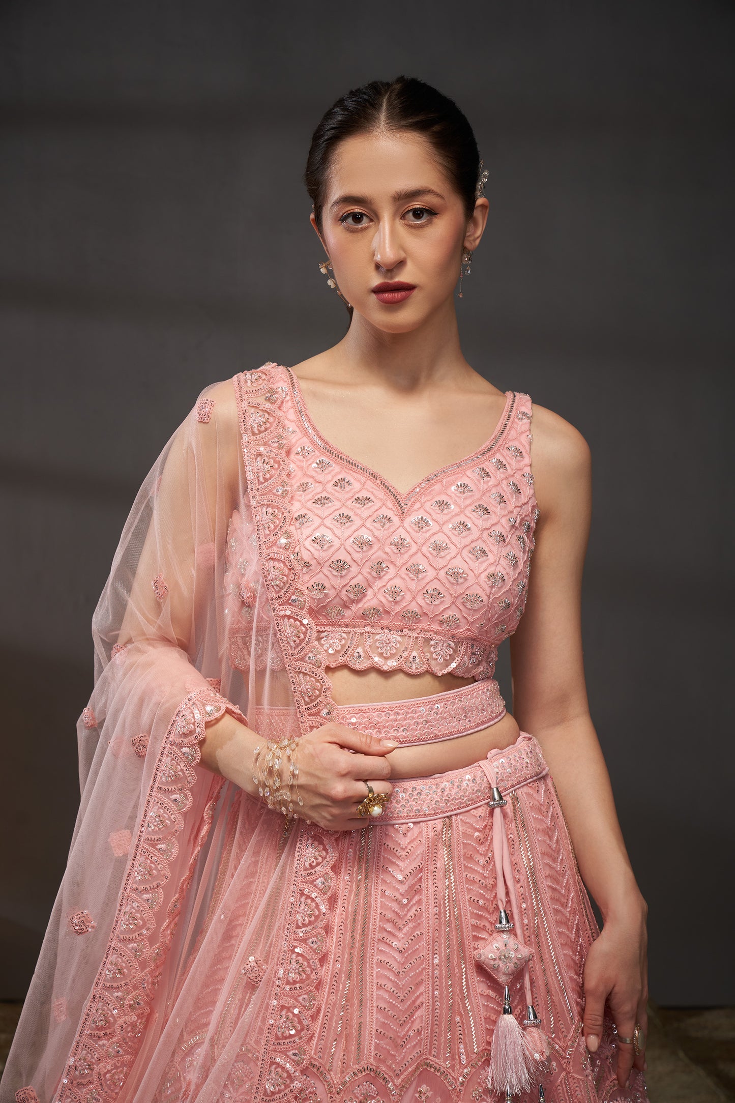 Pink Net Cutdana, Sequins and Zarkan embroidery Lehenga