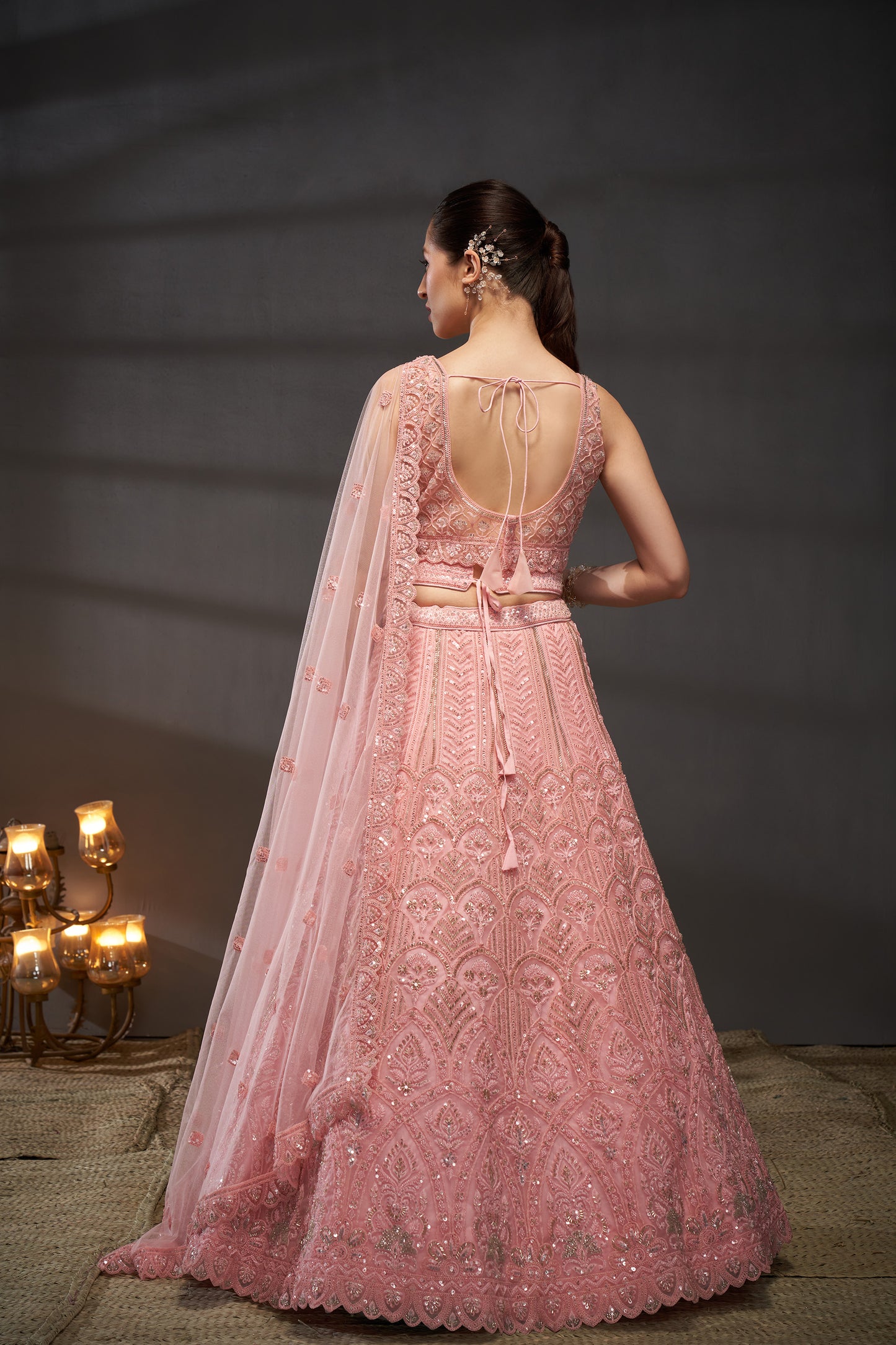 Pink Net Cutdana, Sequins and Zarkan embroidery Lehenga