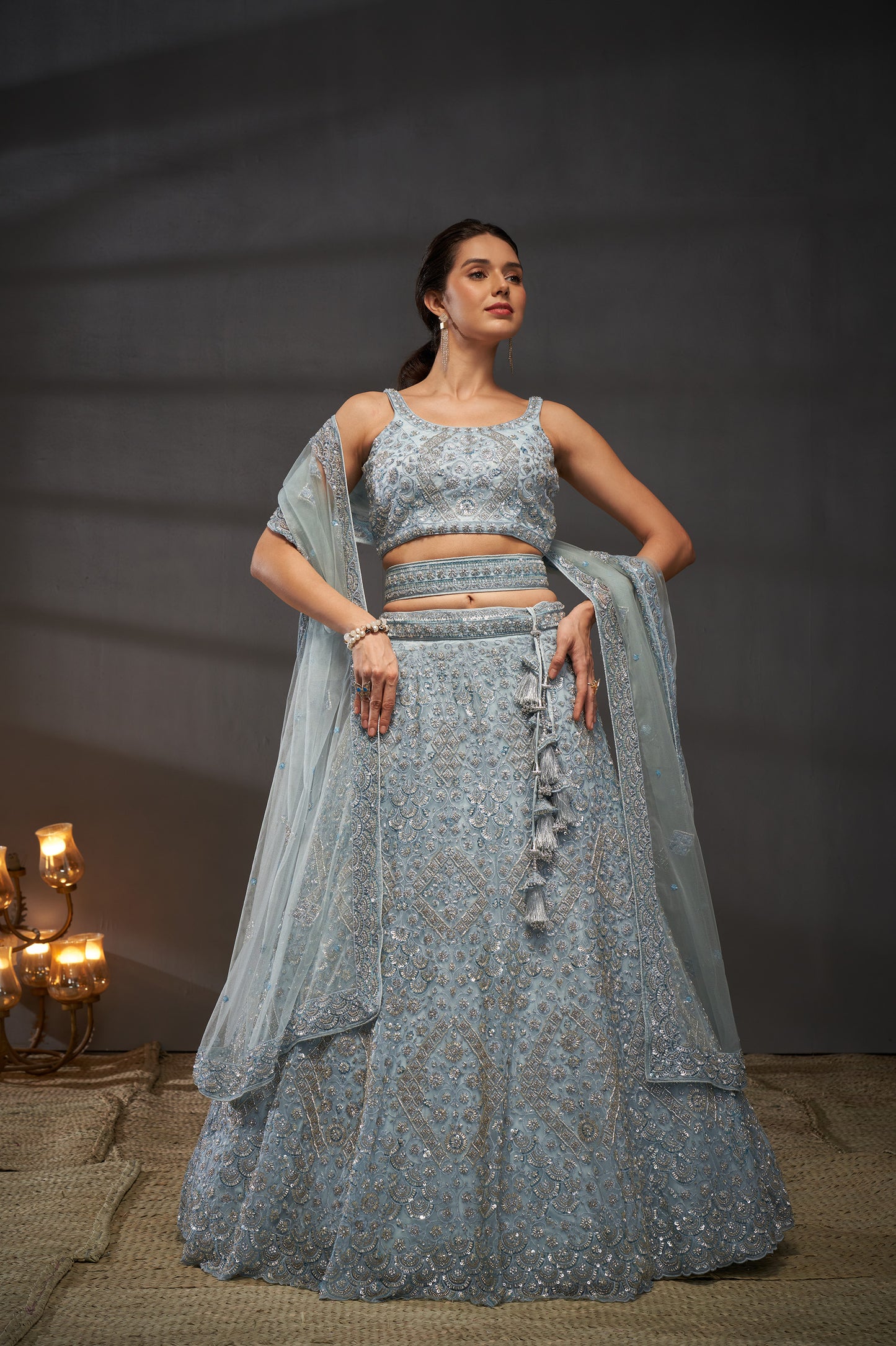 Grey Net Cutdana, Sequins and Zarkan embroidery Lehenga