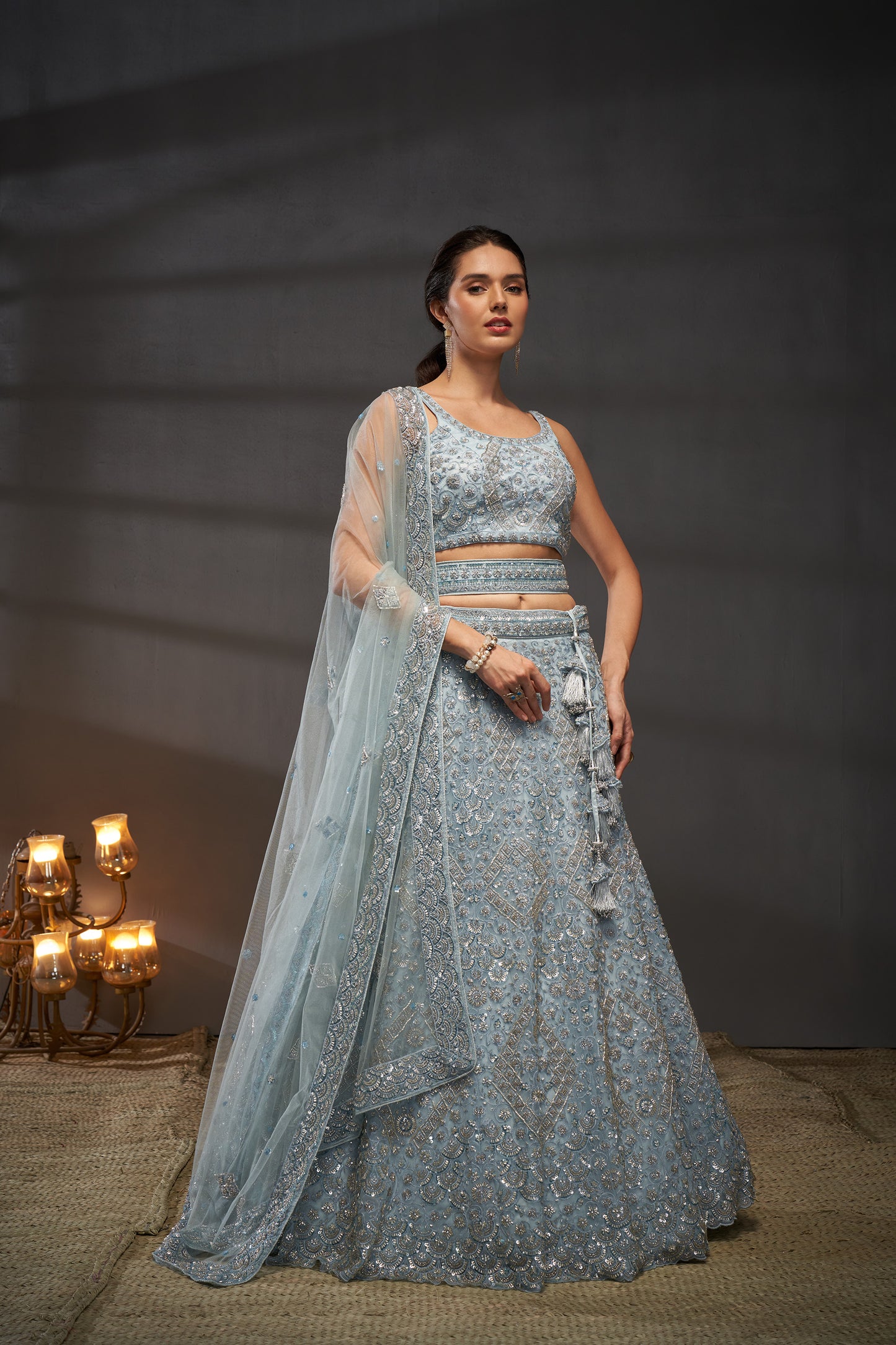 Grey Net Cutdana, Sequins and Zarkan embroidery Lehenga