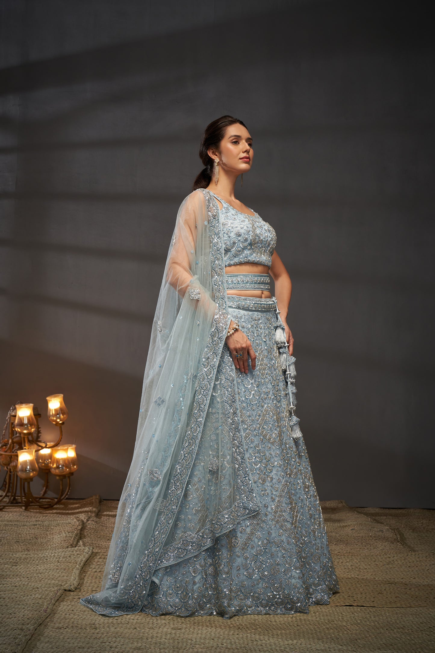 Grey Net Cutdana, Sequins and Zarkan embroidery Lehenga