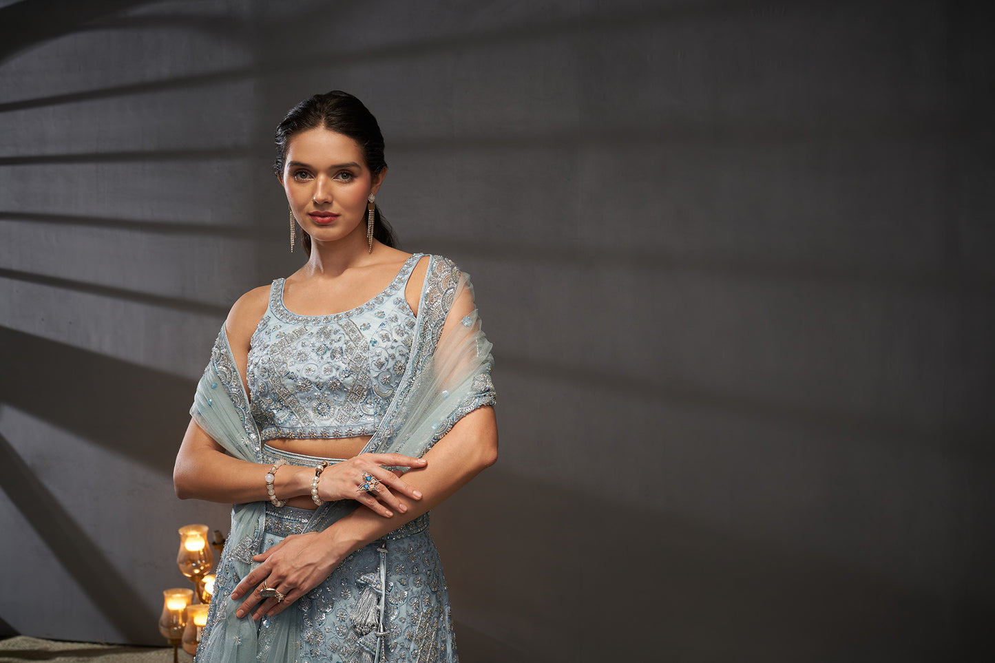 Grey Net Cutdana, Sequins and Zarkan embroidery Lehenga