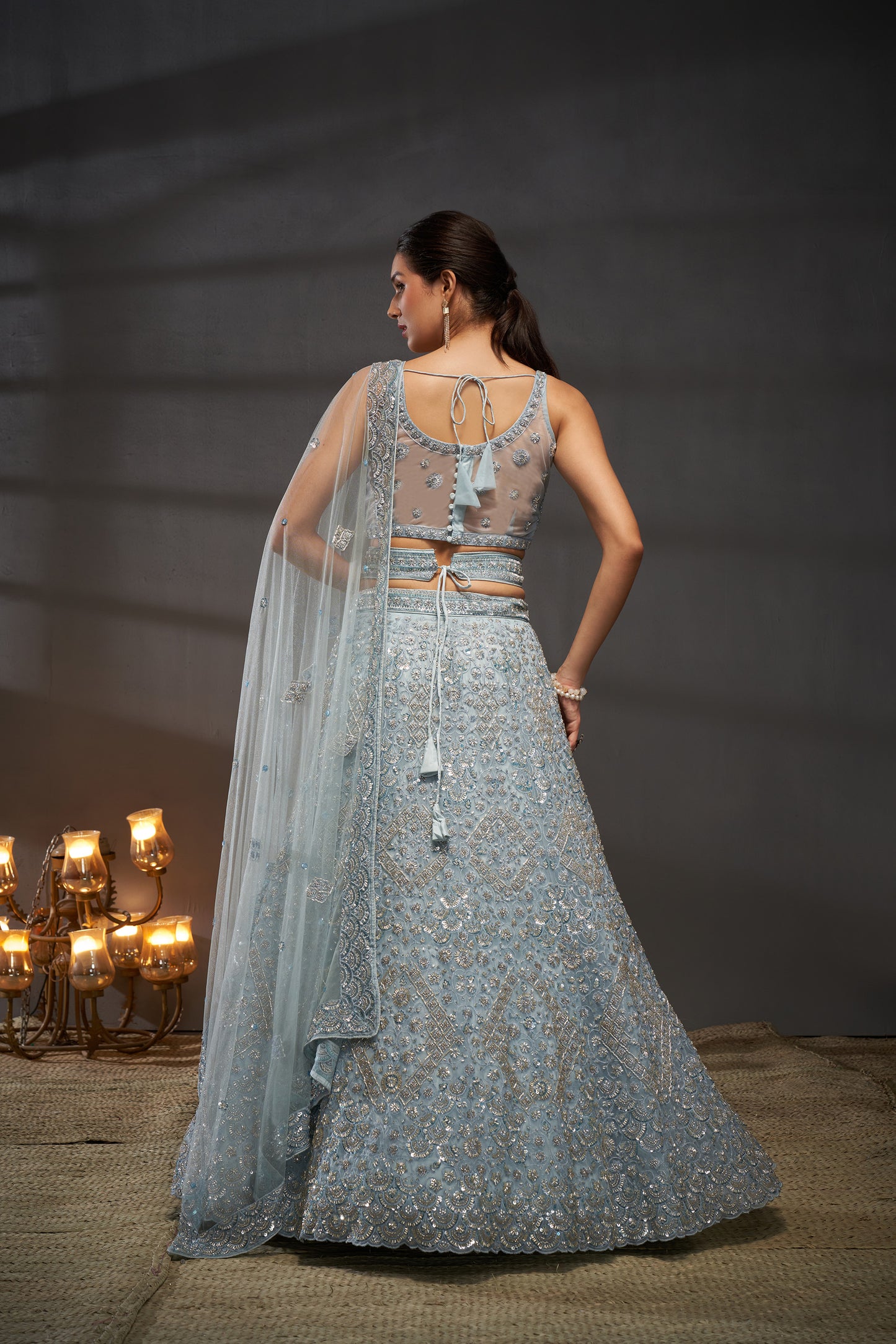 Grey Net Cutdana, Sequins and Zarkan embroidery Lehenga