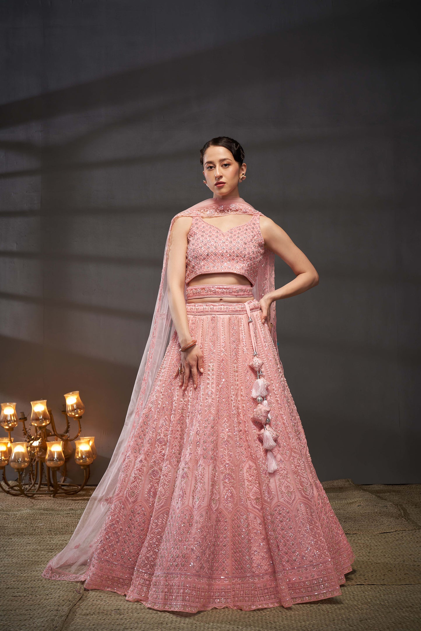 Pink Net Cutdana, Sequins and Zarkan embroidery Lehenga